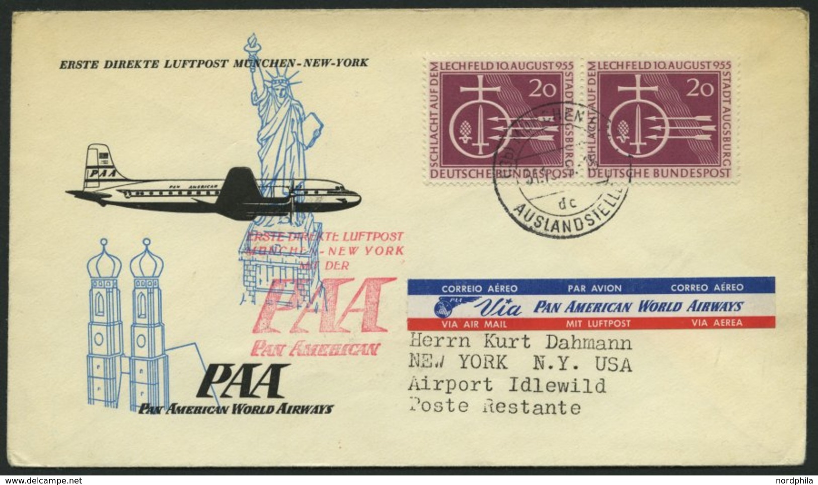 ERST-UND ERÖFFNUNGSFLÜGE 2511 BRIEF, 31.10.55, München-New York, Frankiert Mit 2x Bund Nr. 216 (Mehrfachfrankatur), Brie - Storia Postale