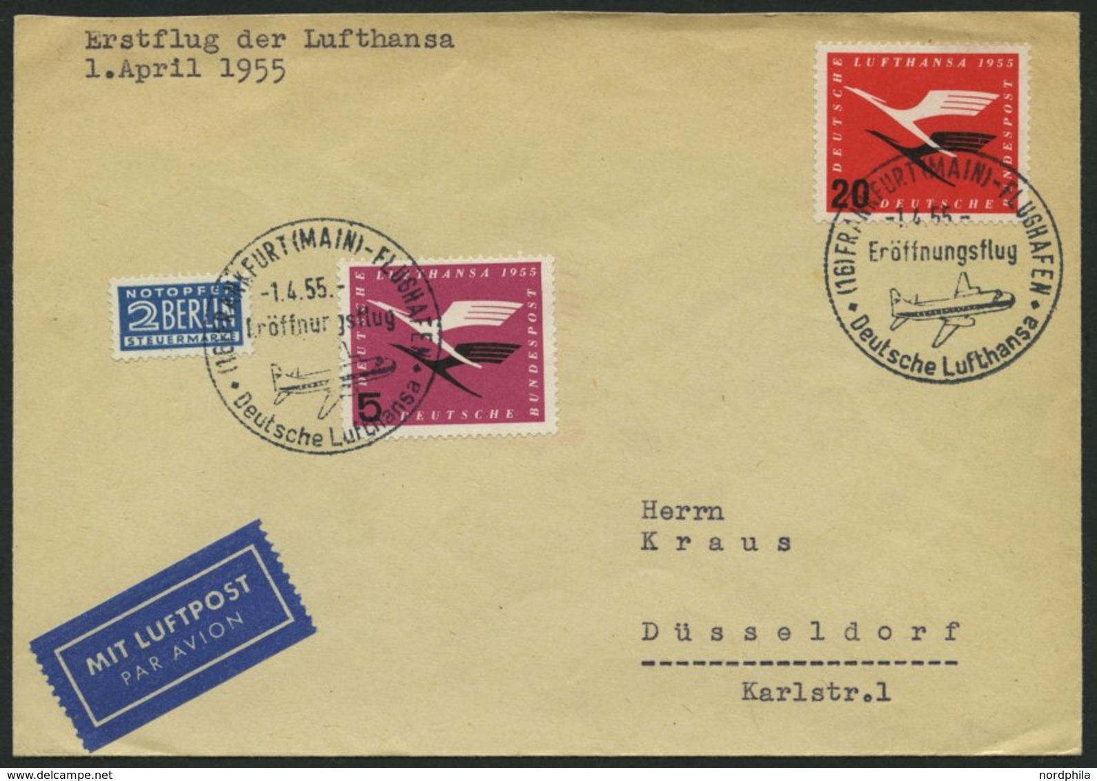 DEUTSCHE LUFTHANSA 12 BRIEF, 1.4.1955, Frankfurt-Düsseldorf, Prachtbrief - Oblitérés