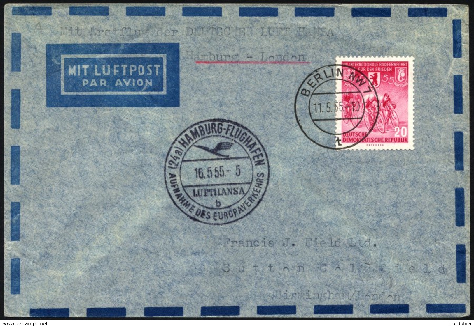 DEUTSCHE LUFTHANSA 23 BRIEF, 16.5.1955, Hamburg-London, Zuleitung Aus Der DDR, Brief Feinst - Gebruikt