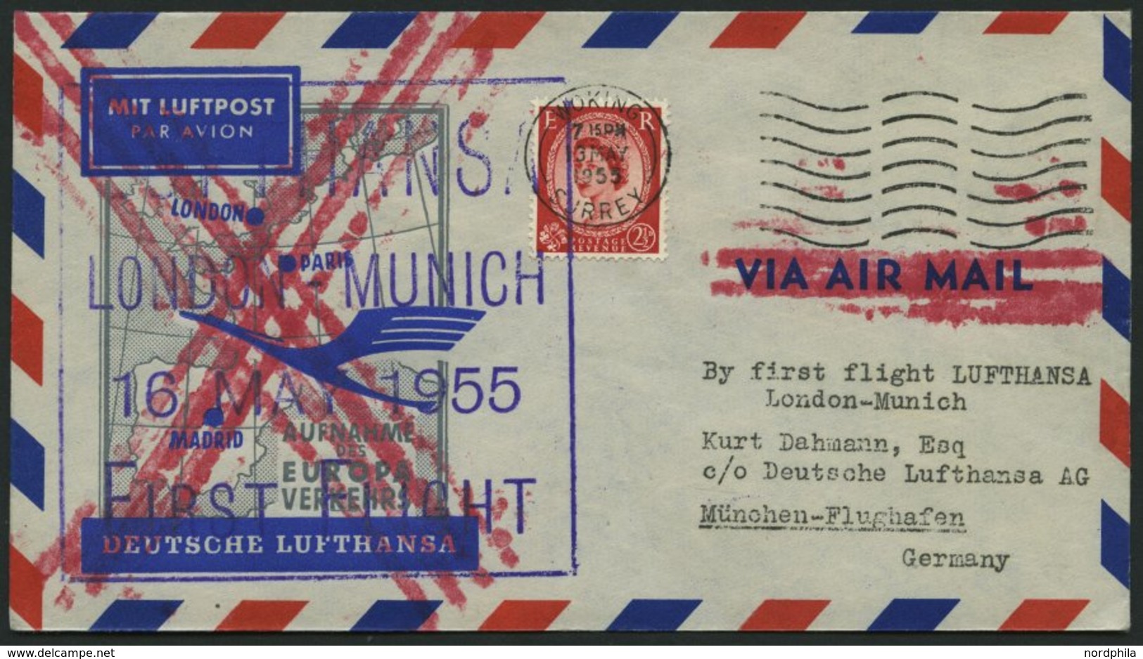 DEUTSCHE LUFTHANSA 29 BRIEF, 16.5.1955, London-München, Rückseitig L2 Auf Anordnung Der OPD München Kein Ankunftsstempel - Used Stamps