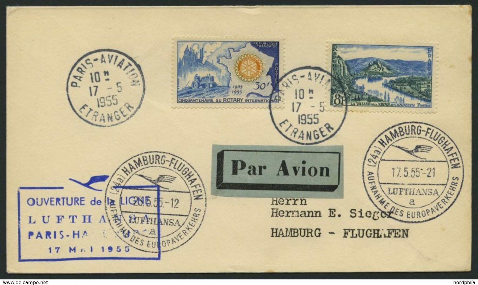 DEUTSCHE LUFTHANSA 33 BRIEF, 17.5.1955, Paris-Hamburg, Prachtbrief - Gebraucht