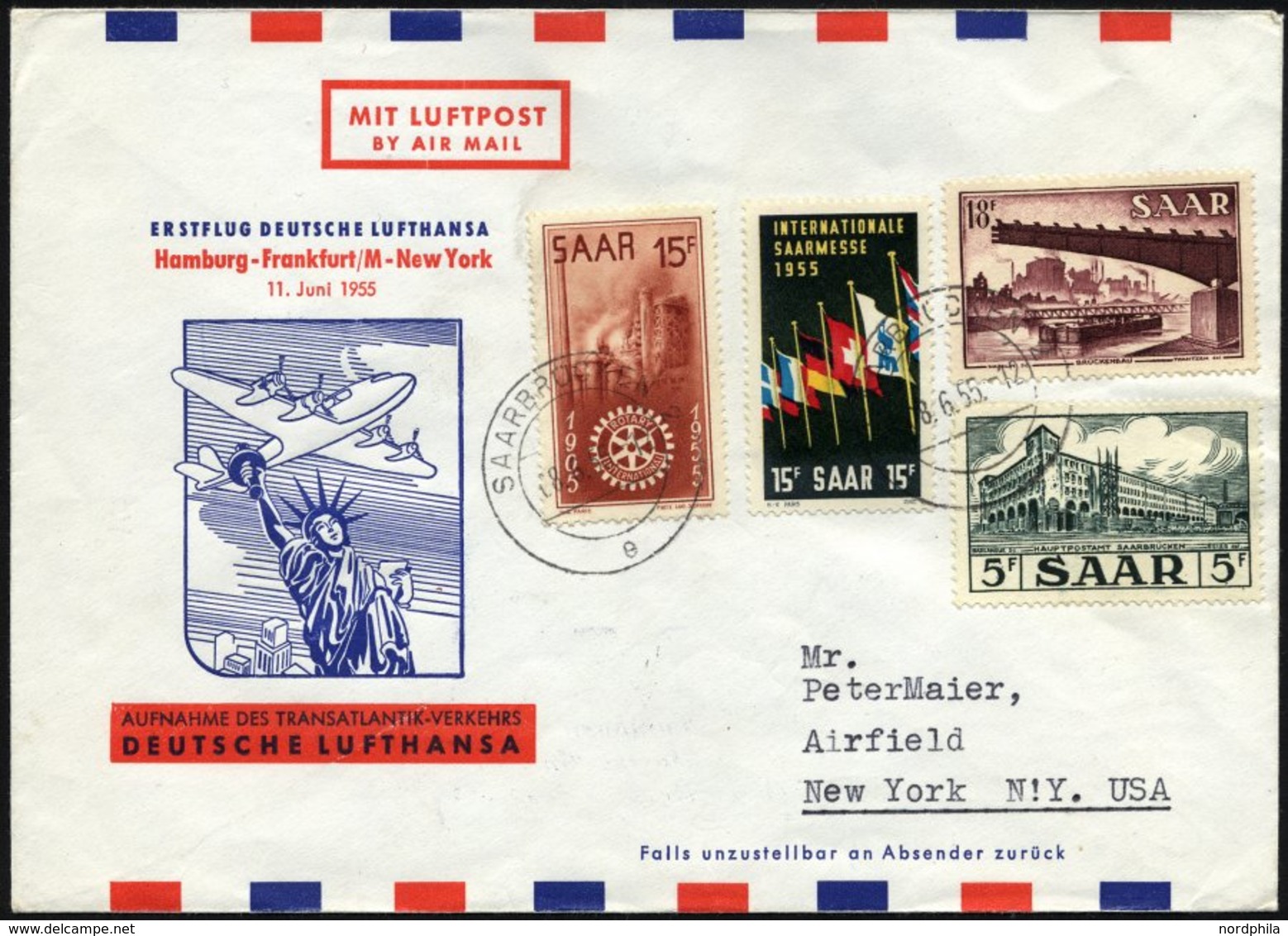 DEUTSCHE LUFTHANSA 40 BRIEF, 11.6.1955, Hamburg-New York, Prachtbrief - Oblitérés