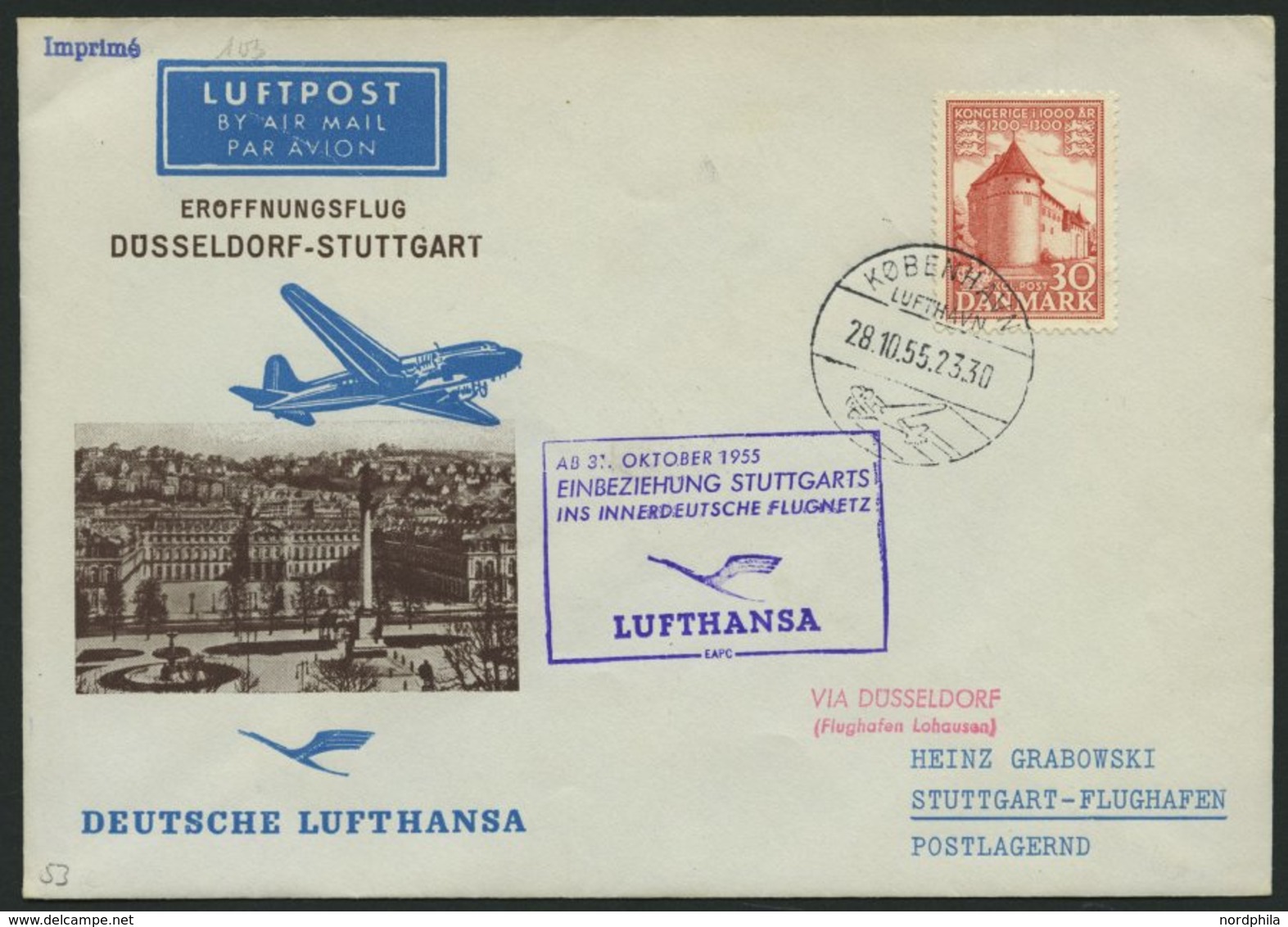 DEUTSCHE LUFTHANSA 53 BRIEF, 31.10.1955, Düsseldorf-Stuttgart, Brief Ab Dänemark Mit Mi.Nr. 347, Pracht - Gebruikt