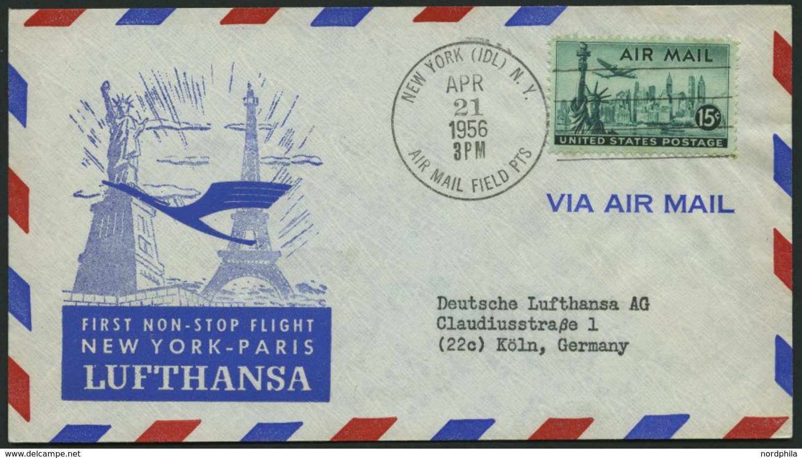 DEUTSCHE LUFTHANSA 60 BRIEF, 23.4.1956, New York-Paris, Prachtbrief - Usati