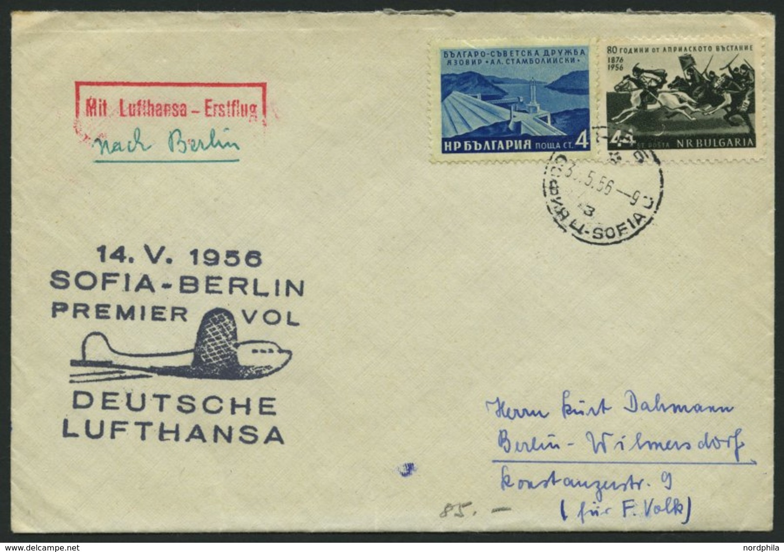 DEUTSCHE LUFTHANSA 14.5.1956, Erstflug SOFIA-BERLIN Mit Bulgarischer Frankatur, Pracht - Gebruikt