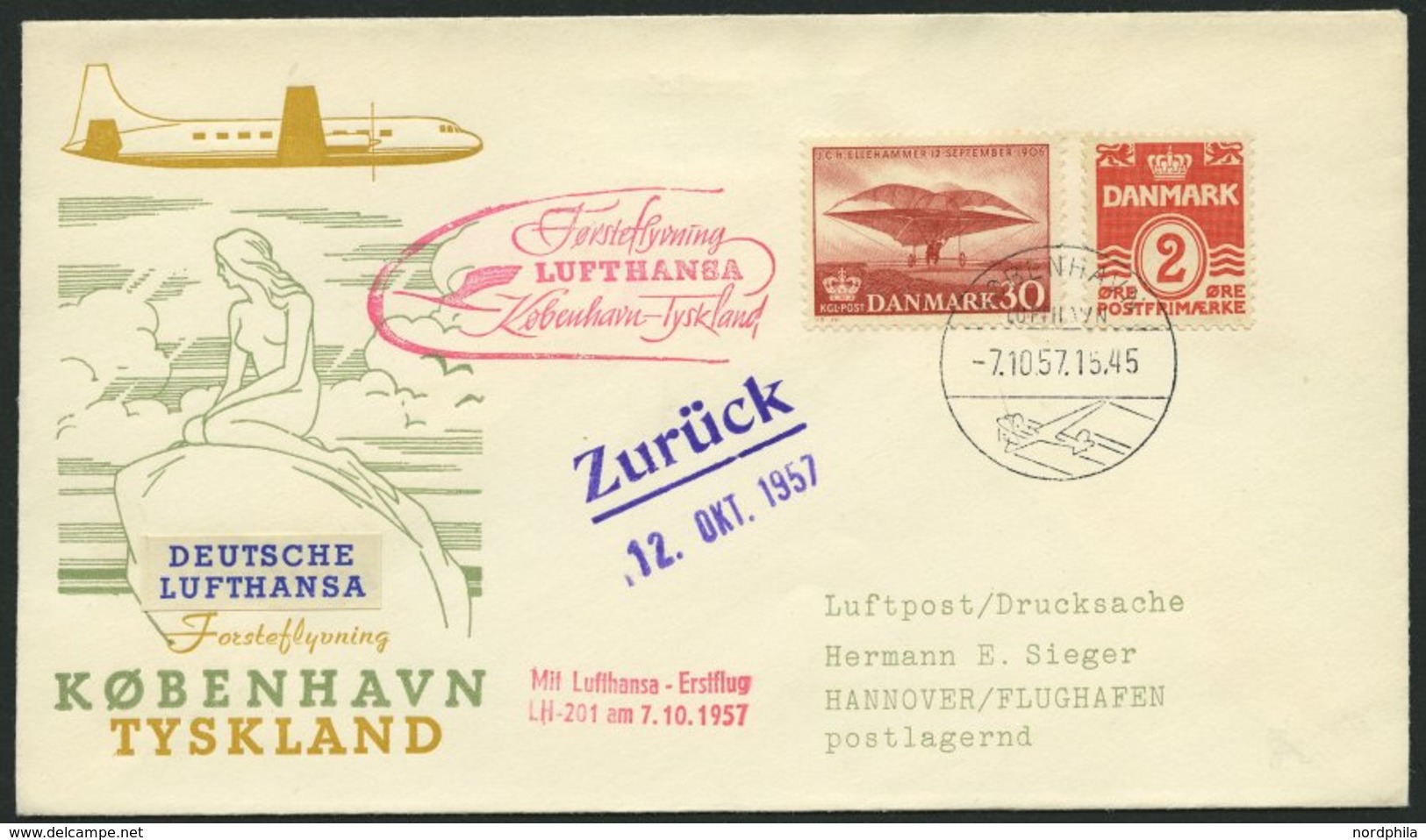 DEUTSCHE LUFTHANSA 178 BRIEF, 7.10.1957, Kopenhagen-Hannover, Prachtbrief - Usados