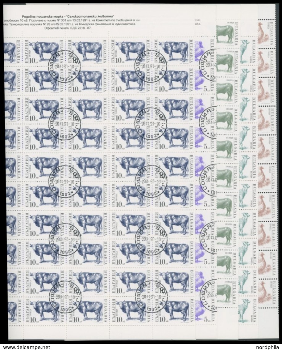 BULGARIEN 3881-84,3885 O, 1991, Haustiere, Je Im Bogen (100) Mit Zentrischen Stempeln, 2x Gefaltet, Pracht, Mi. 450.- - Otros & Sin Clasificación