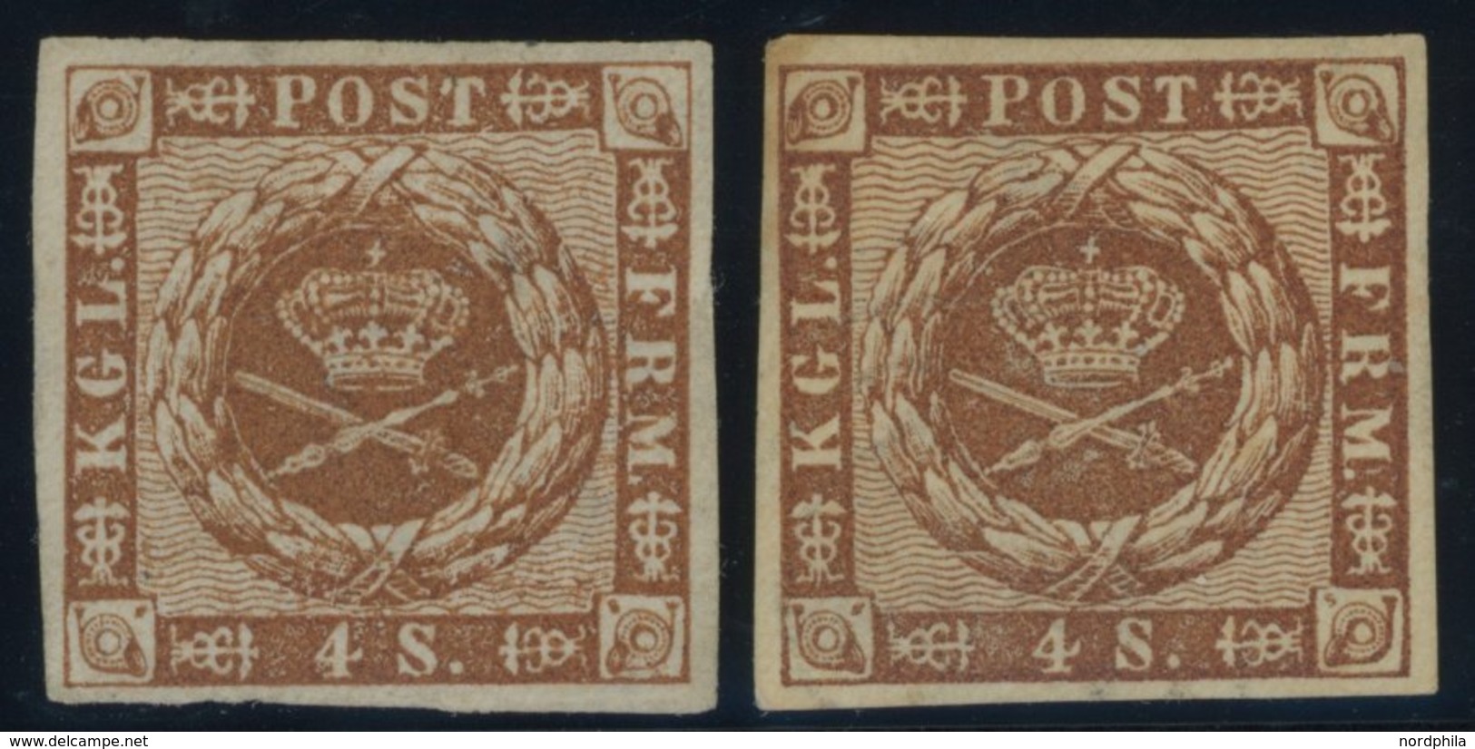 DÄNEMARK 7a,b (*), 1858/62, 4 S. Braun, Beide Wz., Ohne Gummi, 2 Prachtwerte - Usado