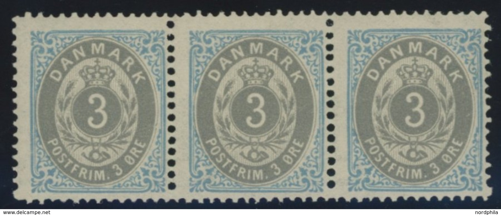 DÄNEMARK 22IIYA **, 1875, 3 Ø, Kopfstehender Rahmen, Gezähnt K 14:131/2, Im Postfrischen Dreierstreifen, Pracht - Usati