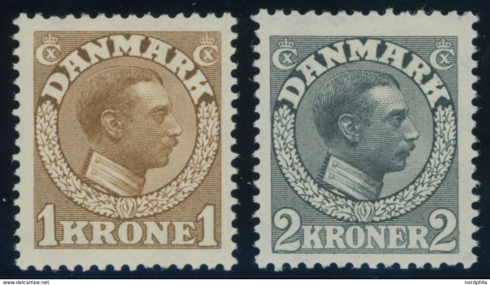 DÄNEMARK 75/6 *, 1913, 1 Und 2 Kr. König Christian X, Falzrest, 2 Prachtwerte, Mi. 160.- - Gebruikt