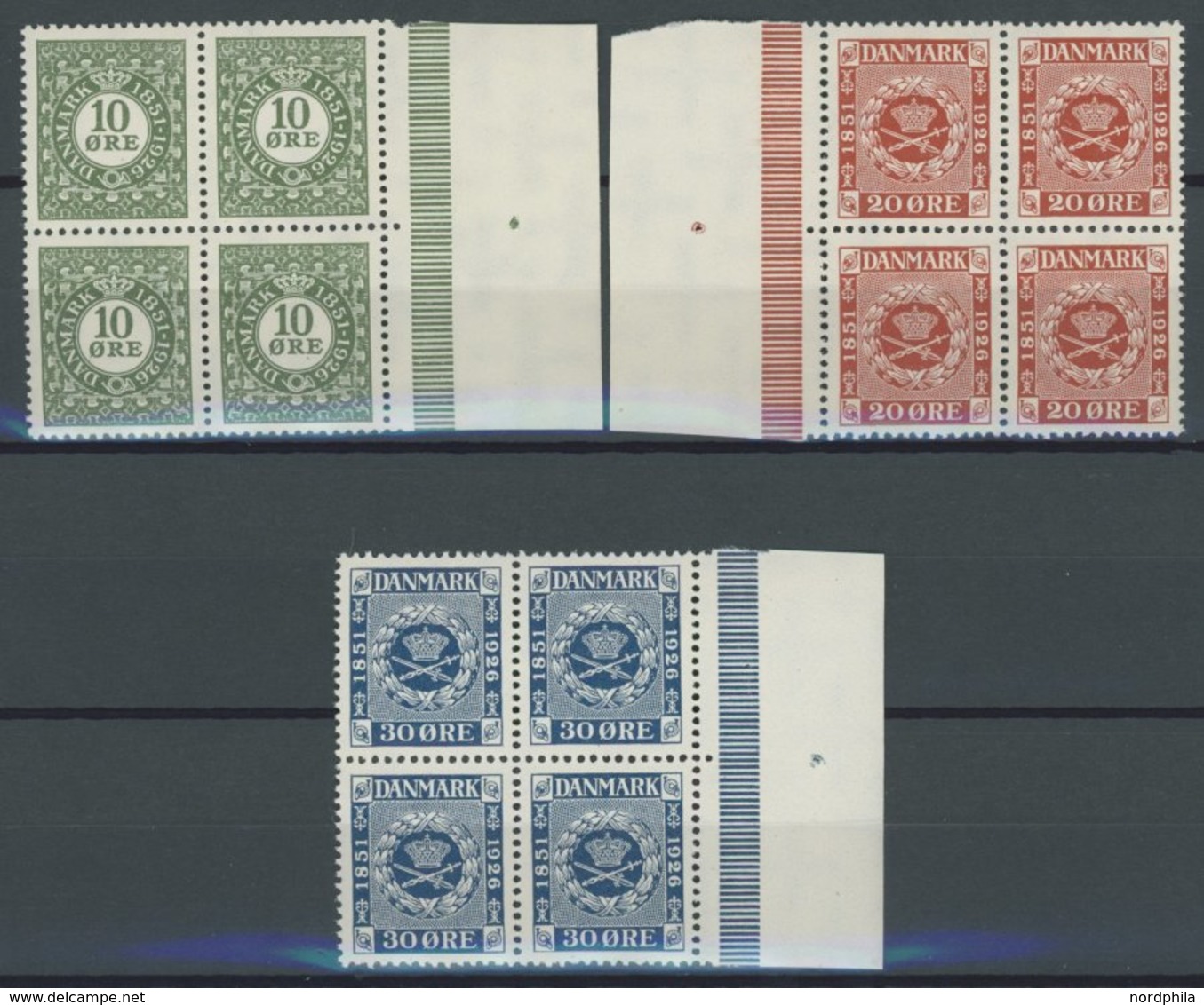 DÄNEMARK 153-55 VB **, 1926, 75 Jahre Briefmarken In Randviererblocks, Postfrisch, Pracht, Mi. 64.- - Usati