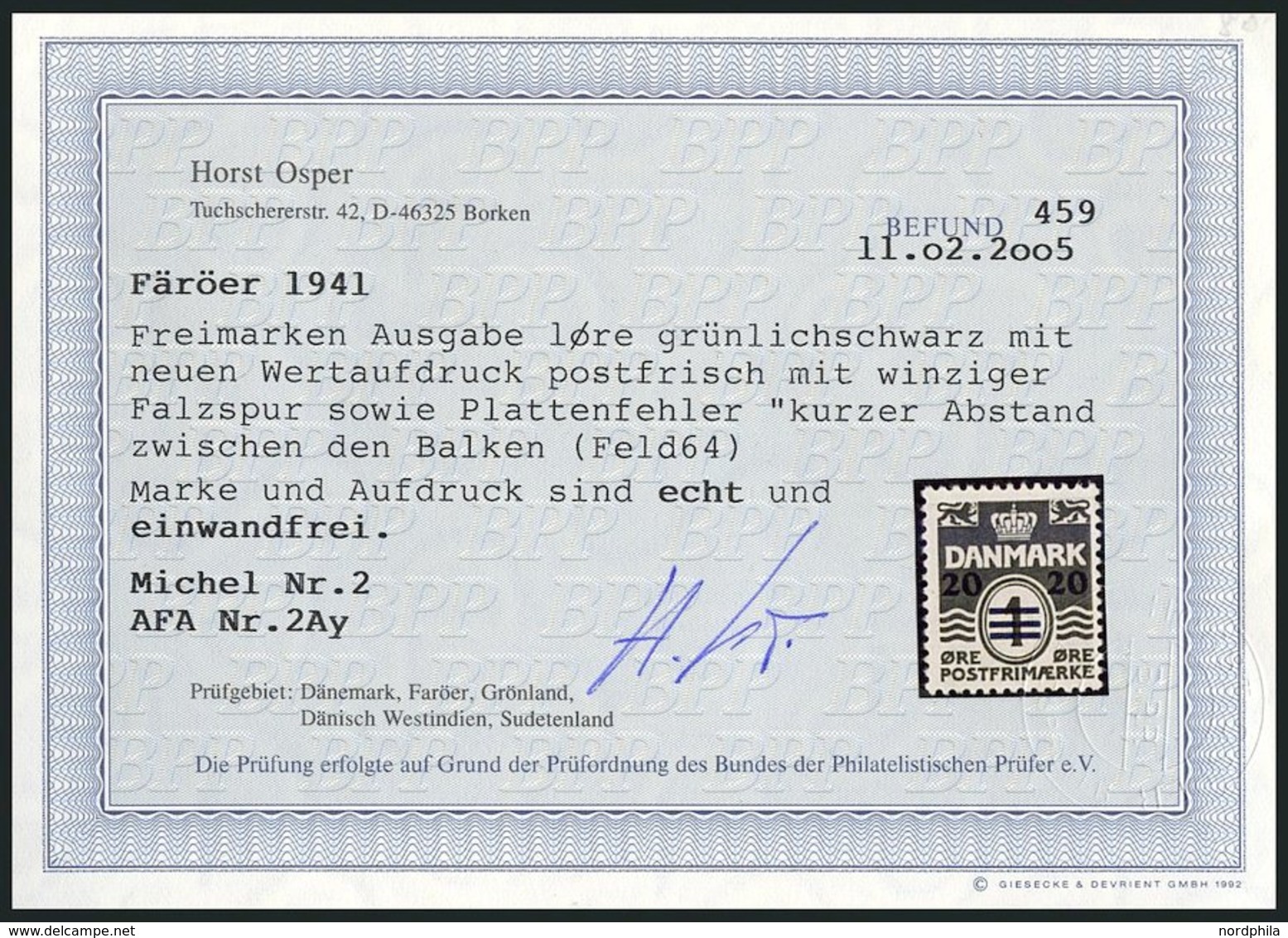 FÄRÖER 2 *, 1941, 20 Ø Auf 1 Ø Grünlichschwarz Mit Abart Kurzer Abstand Zwischen Den Balken (Feld 64, Facit 4v2), Falzre - Otros & Sin Clasificación