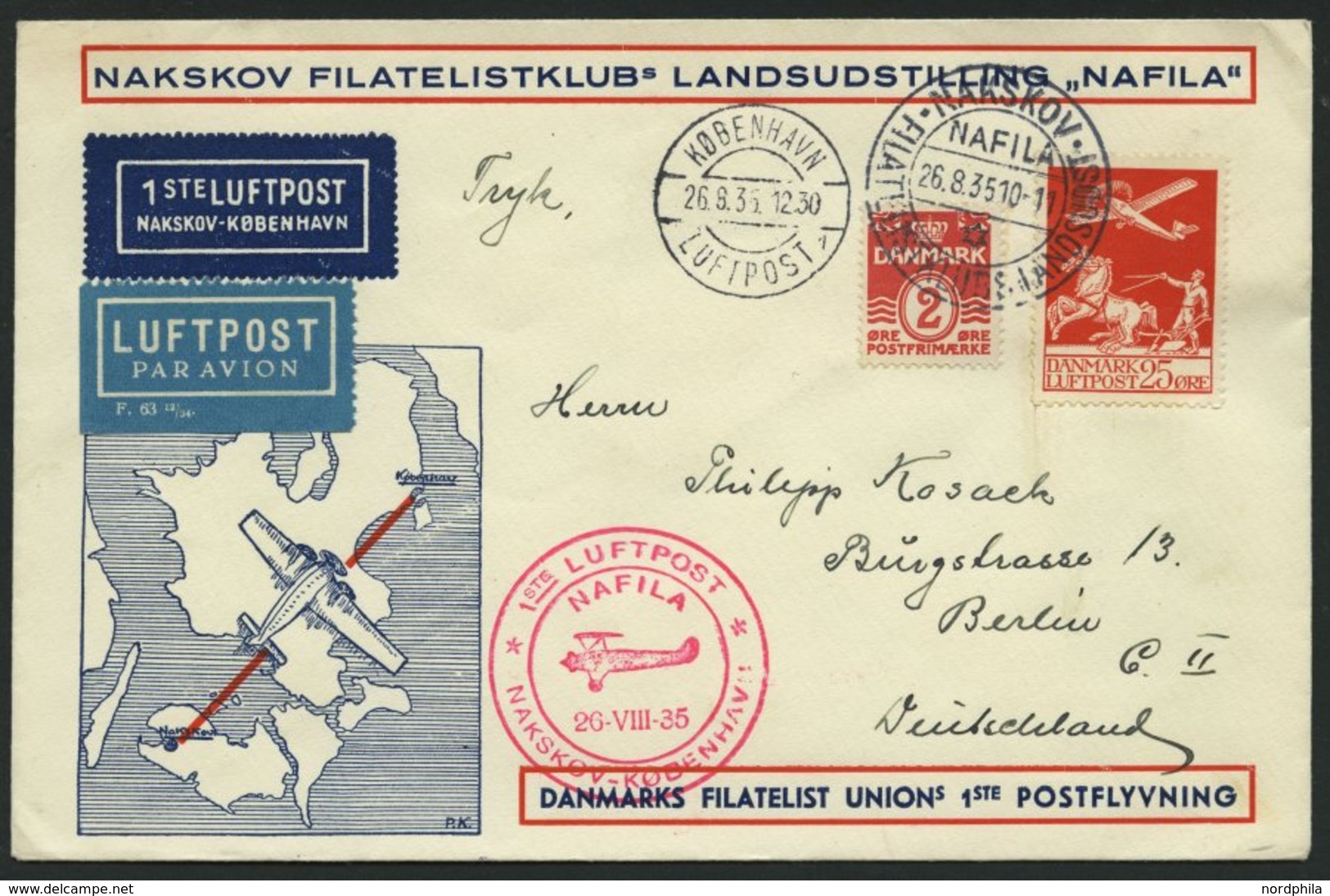 ERSTFLÜGE 26.8.1935, Nakshov-Kopenhagen, NAFILA, Sonderumschlag, Frankiert Mit Mi.Nr. 145 - Autres & Non Classés
