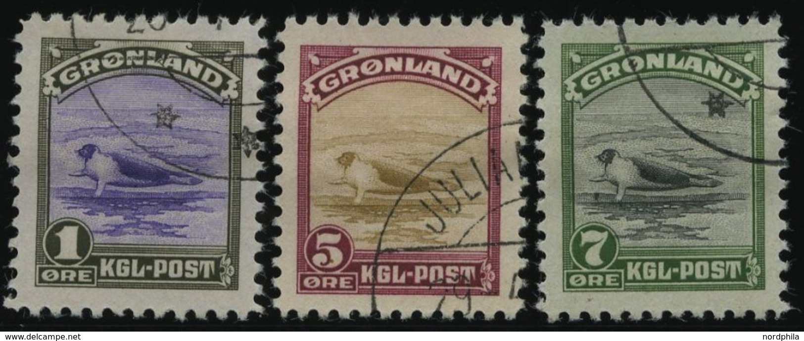 GRÖNLAND - DÄNISCHE POST 8-9 O, 1945, 1 - 7 Ø New Yorker Ausgabe, 3 Prachtwerte, Mi. 75.- - Autres & Non Classés