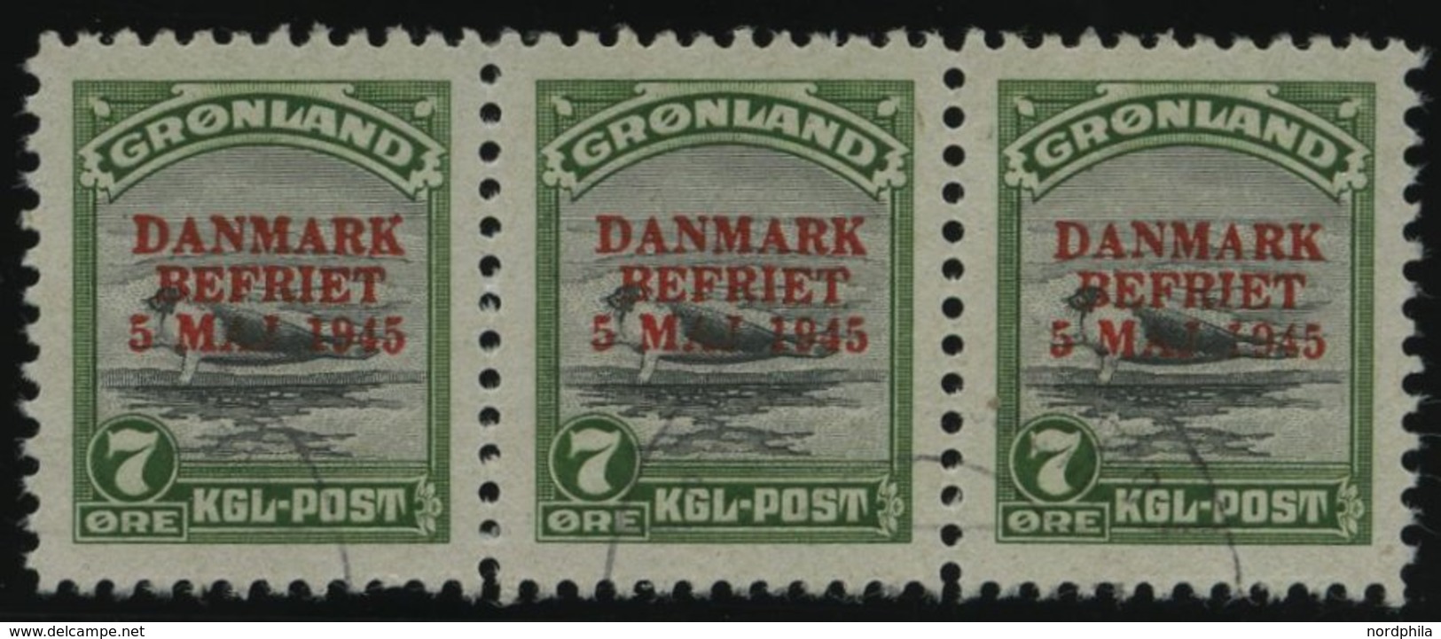 GRÖNLAND - DÄNISCHE POST 19 O, 1945, 7 Ø DANMARK/BEFRIET Im Waagerechten Dreierstreifen, Pracht, Mi. (240.-) - Andere & Zonder Classificatie