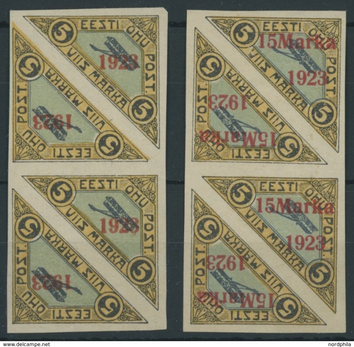 ESTLAND 41/2b **, 1923, Flugpost, Aufdruck Rot, Je Im Viererstreifen, übliche Herstellungsbedingte Gummierung, Postfrisc - Estonie