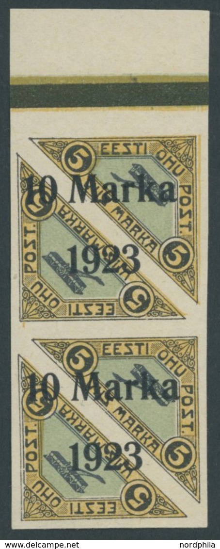 ESTLAND 43B Paar **, 1923, 10 M. Auf 5 M. Flugpost, Ungezähnt, Im Senkrechten Paar, übliche Herstellungsbedingte Gummier - Estonia