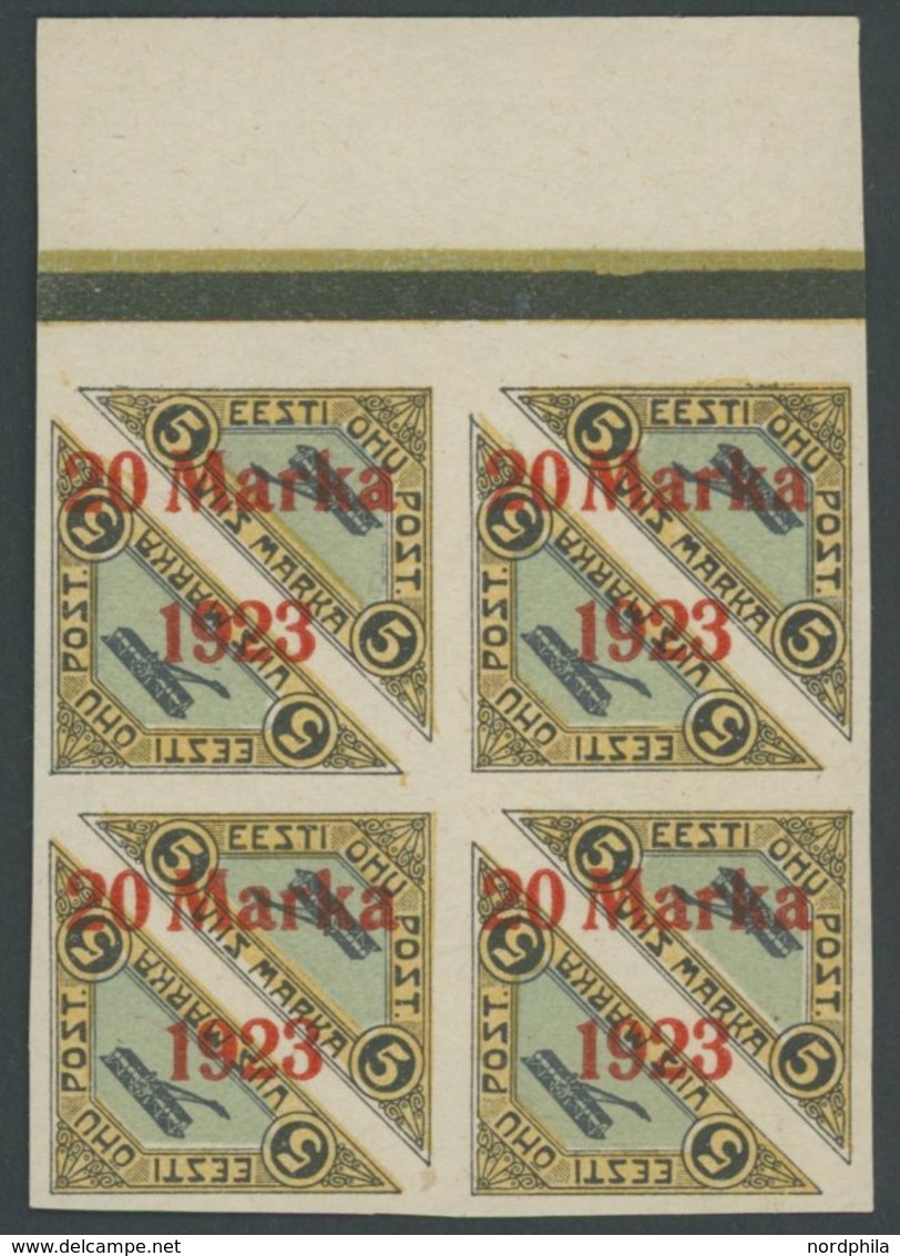 ESTLAND 44Bb VB **, 1923, 20 M. Auf 5 M., Ungezähnt, Aufdruck Ziegelrot, Im Oberrandviererblock, übliche Herstellungsbed - Estonie