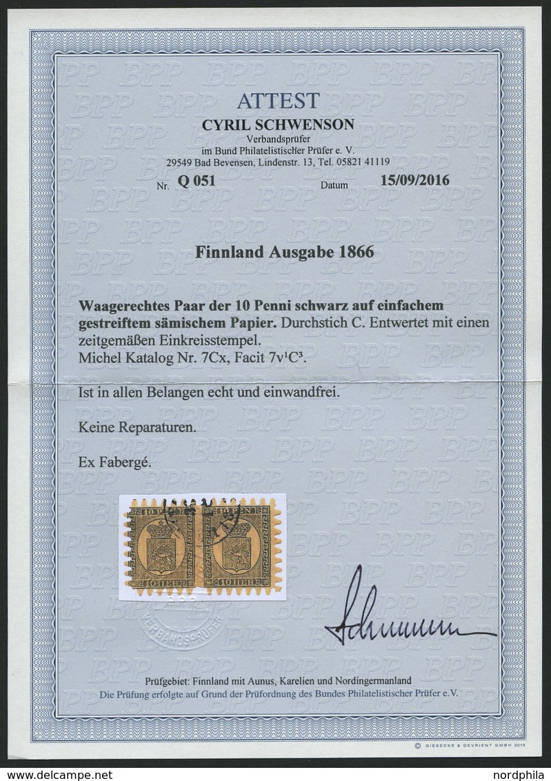 FINNLAND 7Cx Paar O, 1867, 10 P. Schwarz Auf Gestreiftem Sämischem Papier (Facit 7v1C3), Im Waagerechten Paar Mit Allen  - Autres & Non Classés