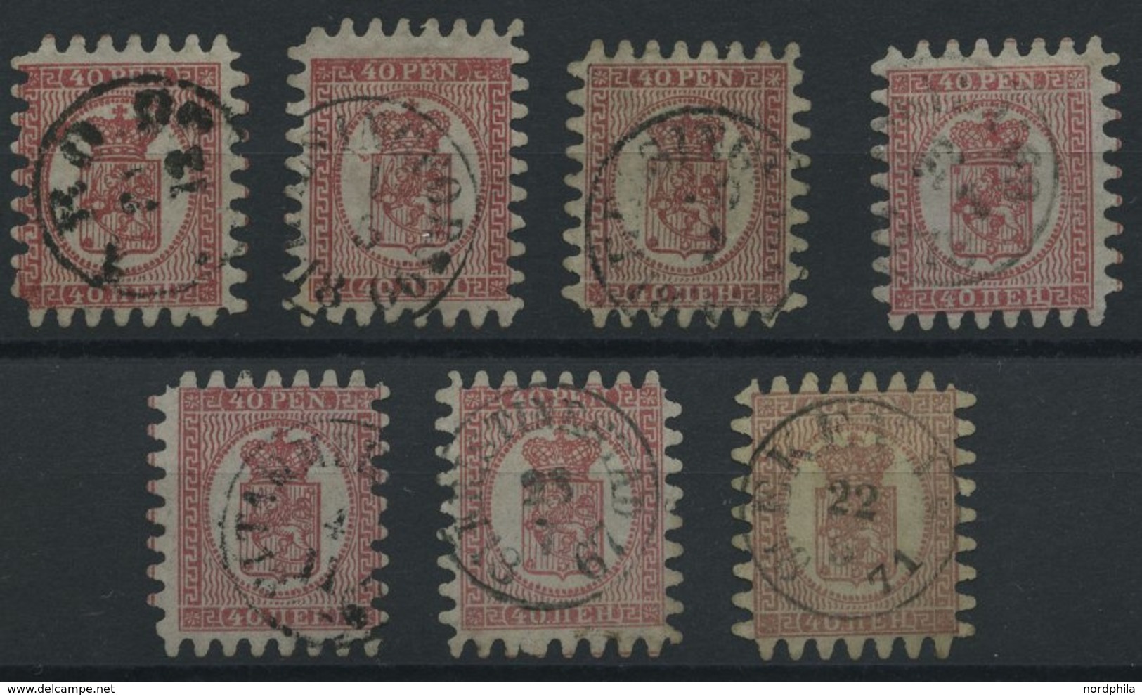 FINNLAND 9Bx O, 1866, 40 P. Rosakarmin, 7 Prachtwerte Mit Allen Zungen In Verschiedenen Farbnuancen - Other & Unclassified