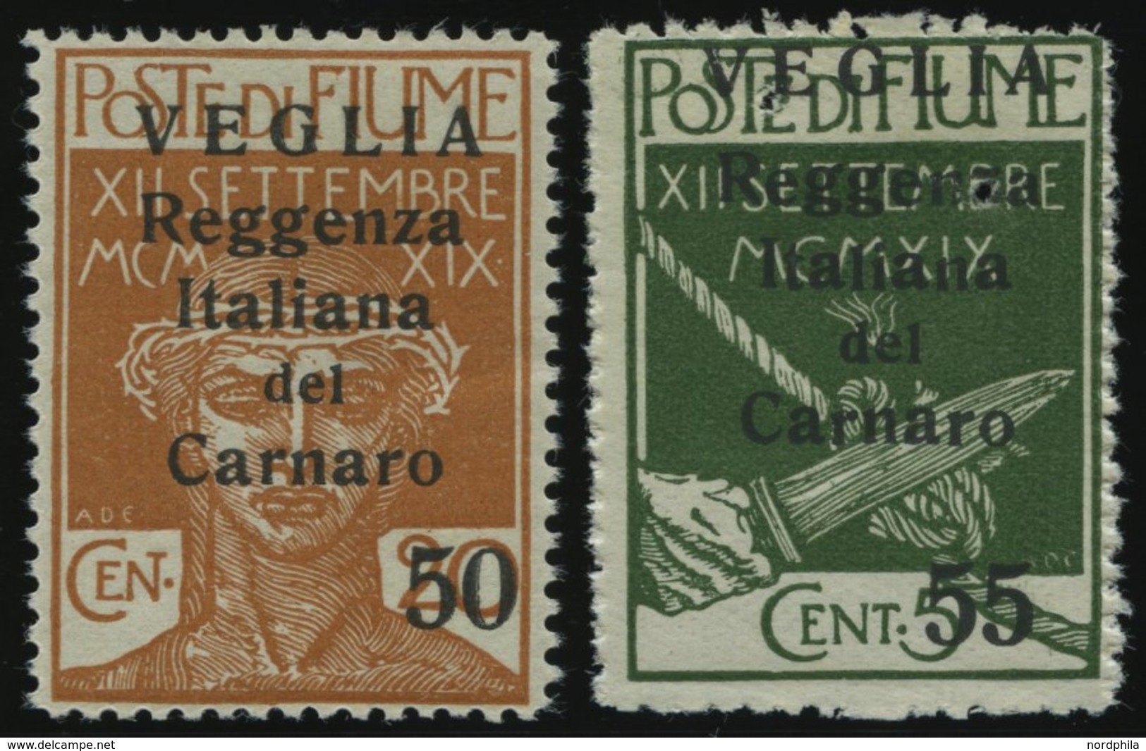 FIUME 32/3II **, Fiumanische Besetzung Der Carnaro-Inseln: 1920, 50 Und 55 C. VEGLIA, Kleiner Aufdruck, Nr. 33 Nadelstic - Altri - Europa