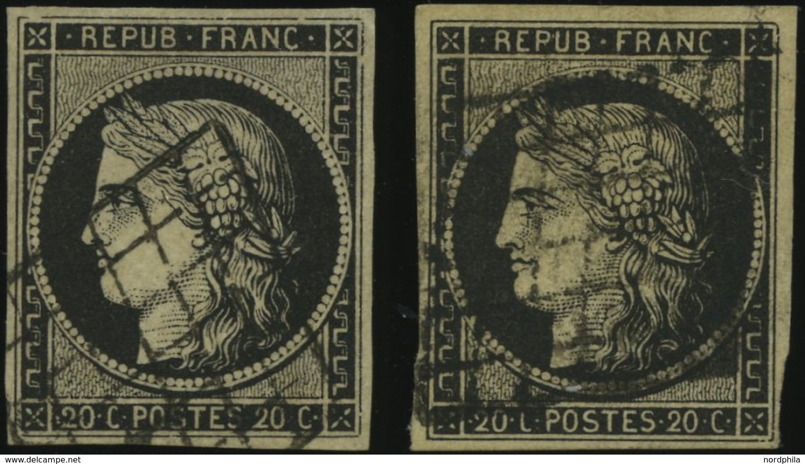 FRANKREICH 3x,y O, 1849, 20 C. Schwarz, Beide Papiere, 2 Prachtwerte, Mi. 100.- - Autres & Non Classés