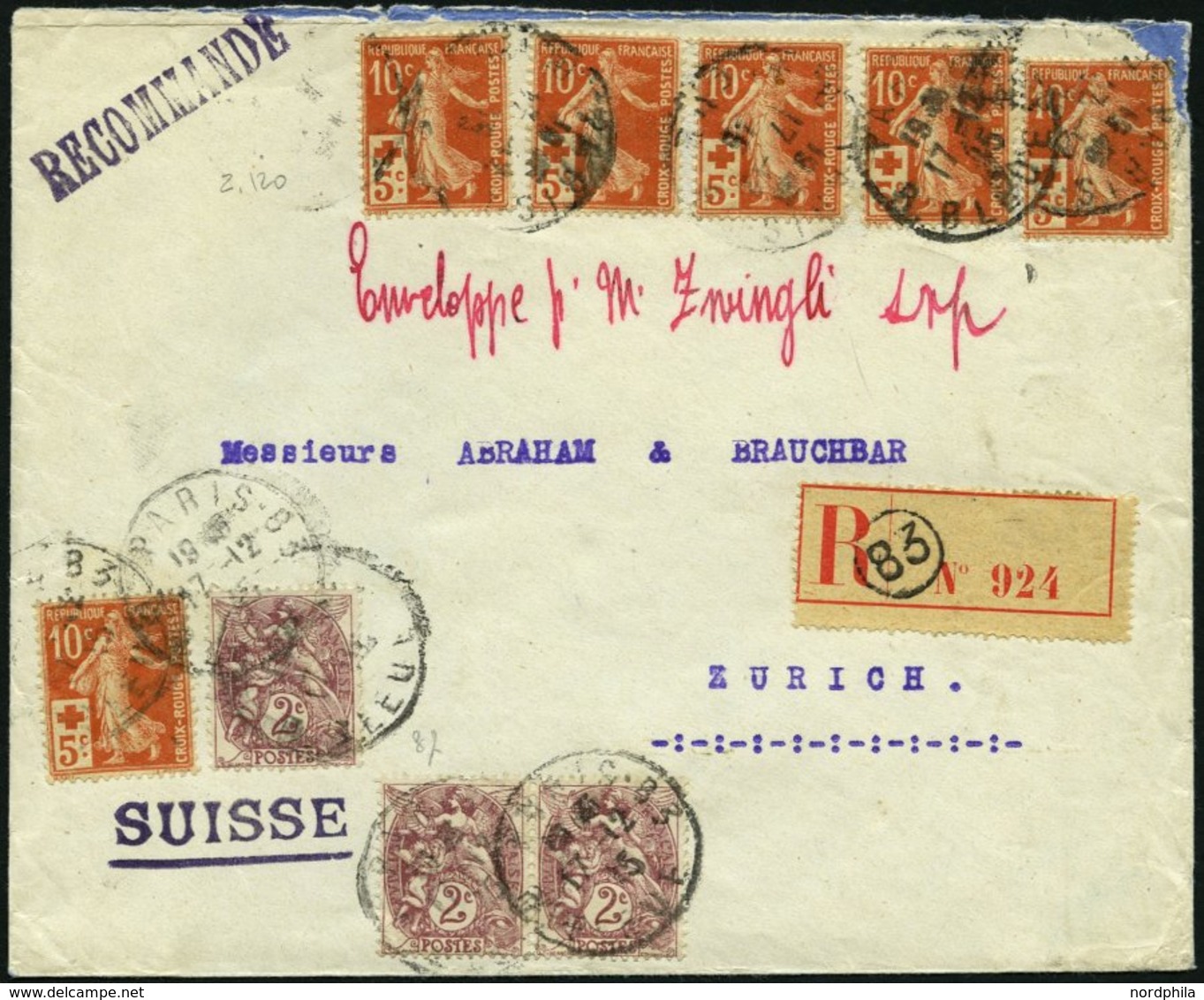 FRANKREICH 126 BRIEF, 1915, 10 C. Rotes Kreuz, 6x Mit Zusatzfrankatur (Mi.Nr. 87) Auf Einschreibbrief Von PARIS Nach Zür - Andere & Zonder Classificatie