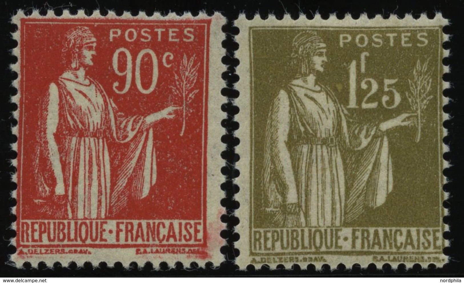 FRANKREICH 279,281 *, 1932, 90 C. Dunkelrot Und 1.25 Fr. Dunkeloliv, Falzrest, 2 Prachtwerte - Autres & Non Classés