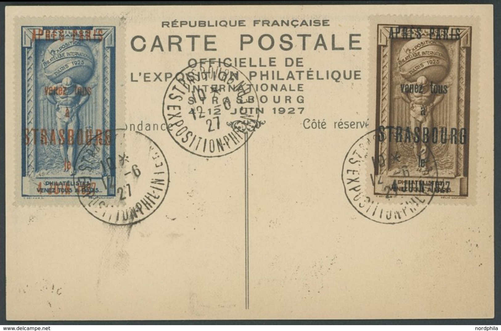 FRANKREICH 1927, SRASSBOURG EXPOSITION PHILATELIQUE, Sonderkarte Mit 2 Vignetten, Pracht - Otros & Sin Clasificación