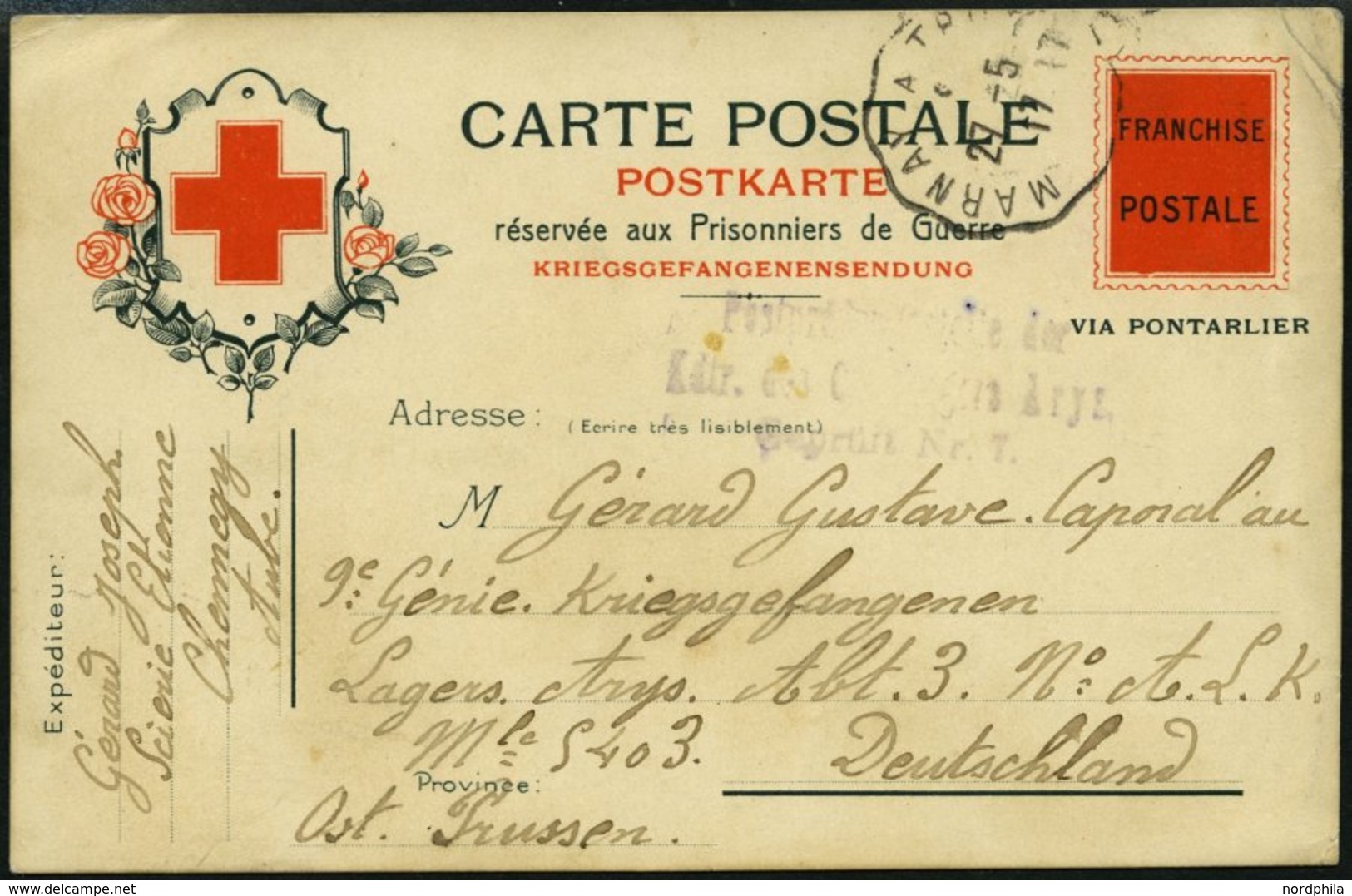 FRANKREICH FELDPOST 1917, Kriegsgefangenen-Vordruckkarte Vom Roten Kreuz Mit Gebührenfreiheitsvermerk In Ein Lager Nach  - Oorlogszegels