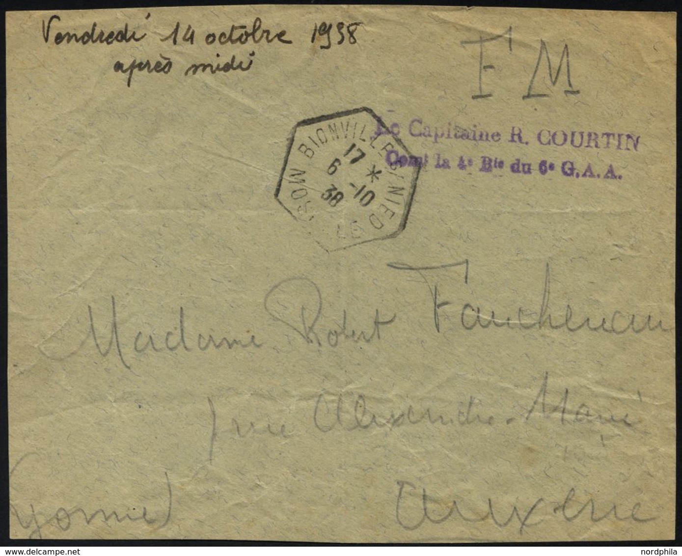 FRANKREICH FELDPOST 1938, Violetter Absenderstempel Le Capitaine R. Courtin, Con La 4 D Du 6 G.A.A. Auf Briefvorderseite - Sellos De Guerra