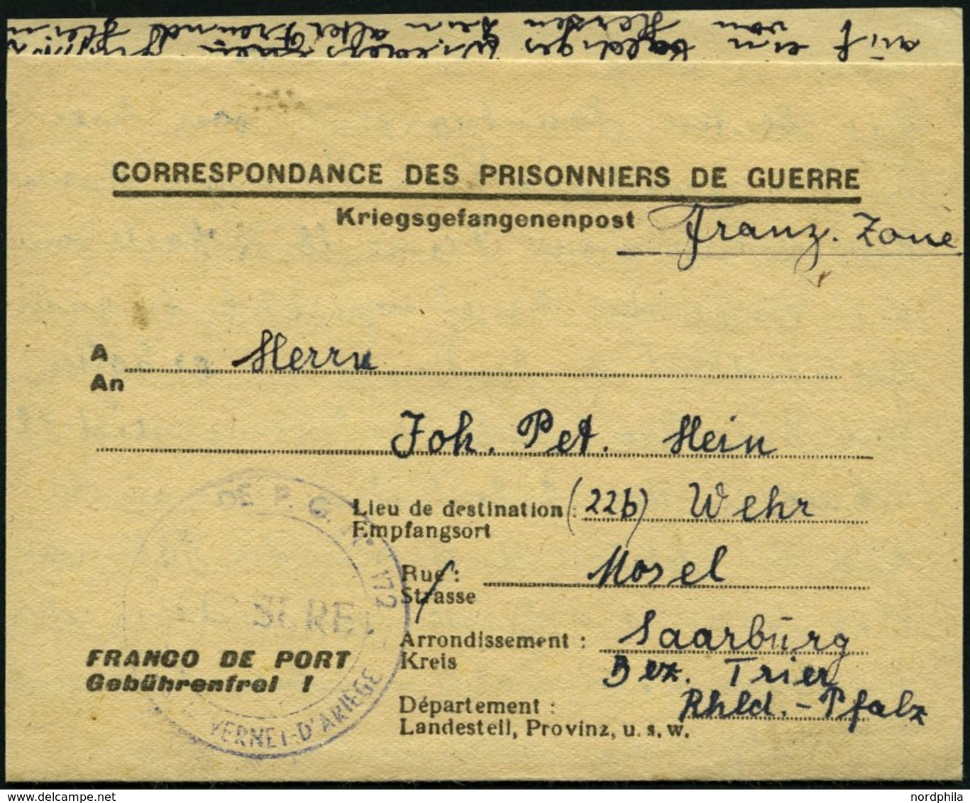 FRANKREICH FELDPOST 1948, Kriegsgefangenenbrief Aus Dem Französischen Gefangenenlager Nr. 172 Aus VERNET D` ARIEGE Nach  - Guerre (timbres De)