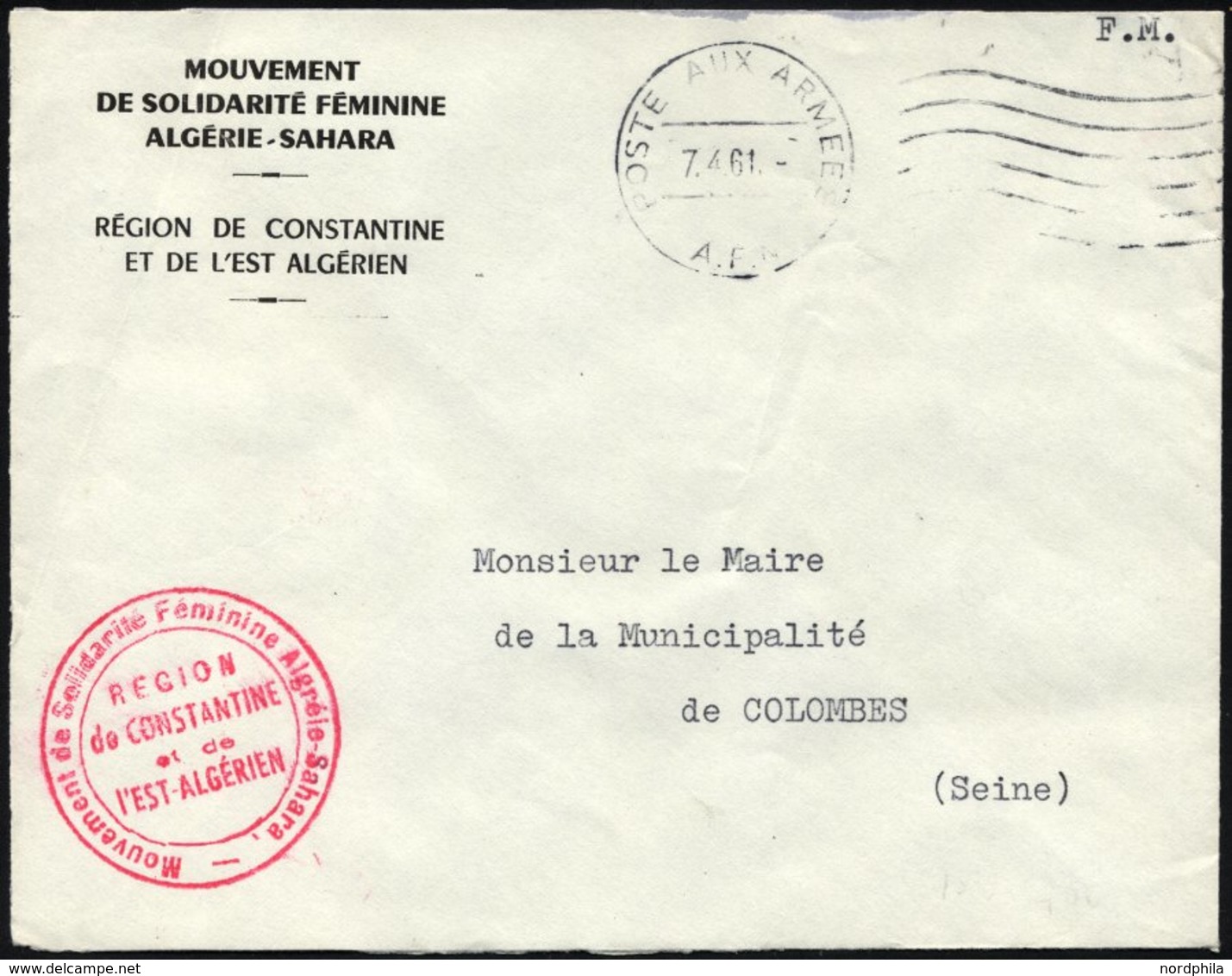 FRANKREICH FELDPOST 1961, K1 POSTE AUX ARMEES/A.F.N. Auf Armeebrief Der Frauensolidaritätsbewegung Der Sahara-Region Alg - Guerre (timbres De)