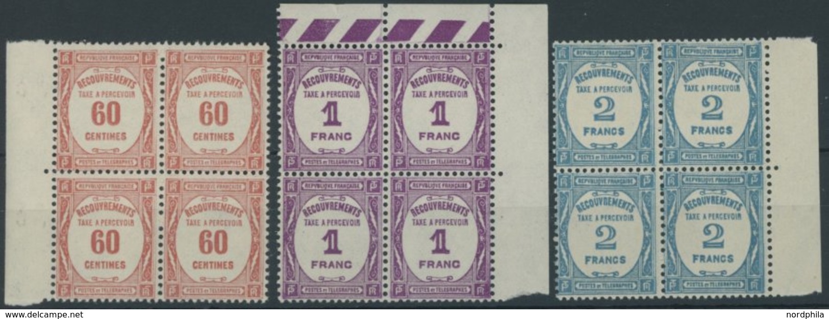 PORTOMARKEN P 59-61 VB **, 1927, 60 C. - 2 Fr. In Randviererblocks, Postfrisch, Pracht, Mi. 608.- - Impuestos