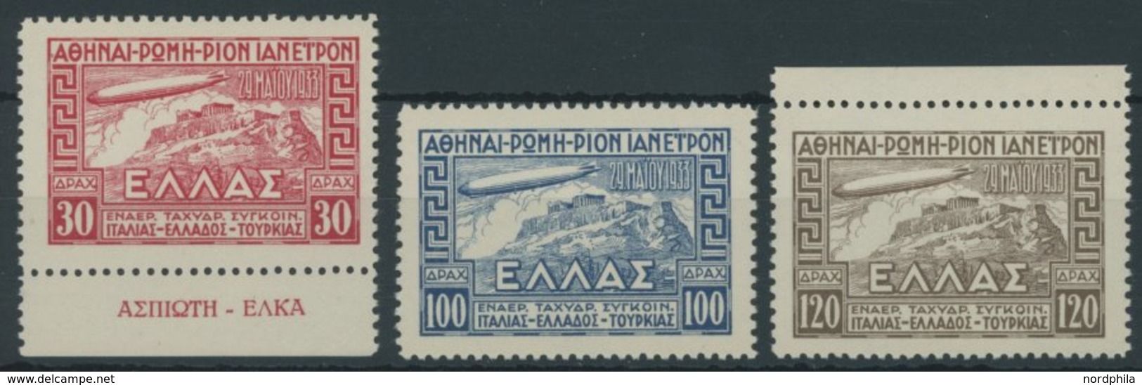 GRIECHENLAND 352-54 **, 1933, Graf Zeppelin, Prachtsatz, Mi. 380.- - Altri & Non Classificati