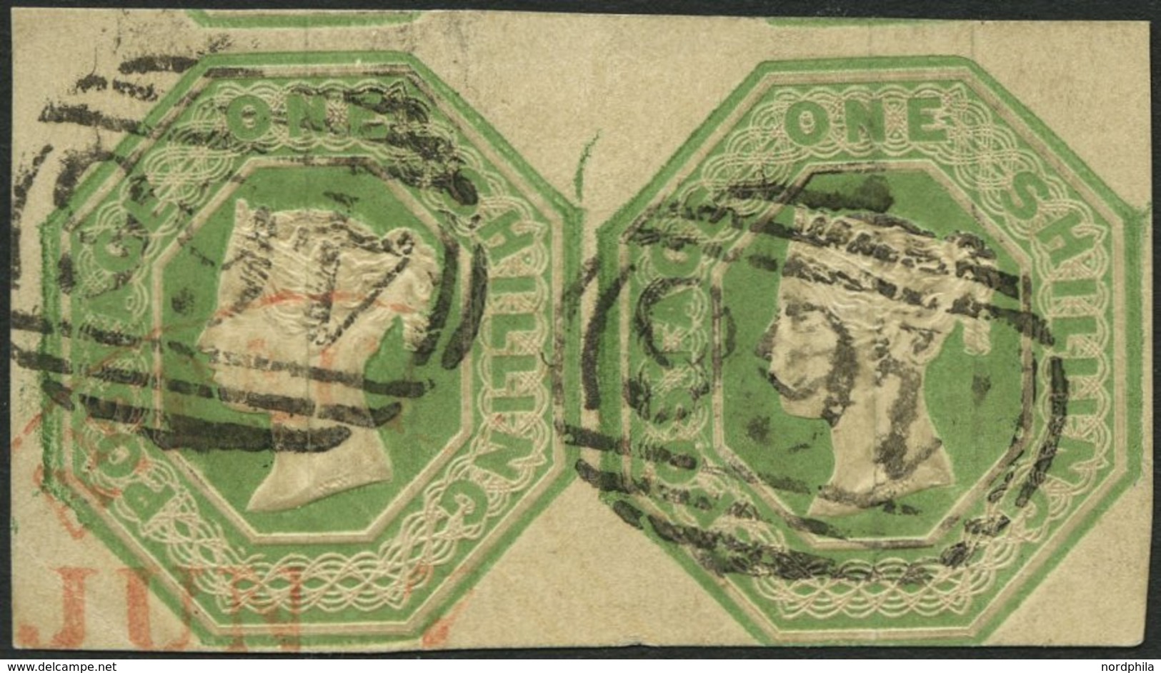 GROSSBRITANNIEN 7 Paar O, 1847, 1 Sh. Mattgelbgrün, Platte WW1, Im Waagerechten Meist Riesenrandigen Paar, Nummernstempe - Other & Unclassified