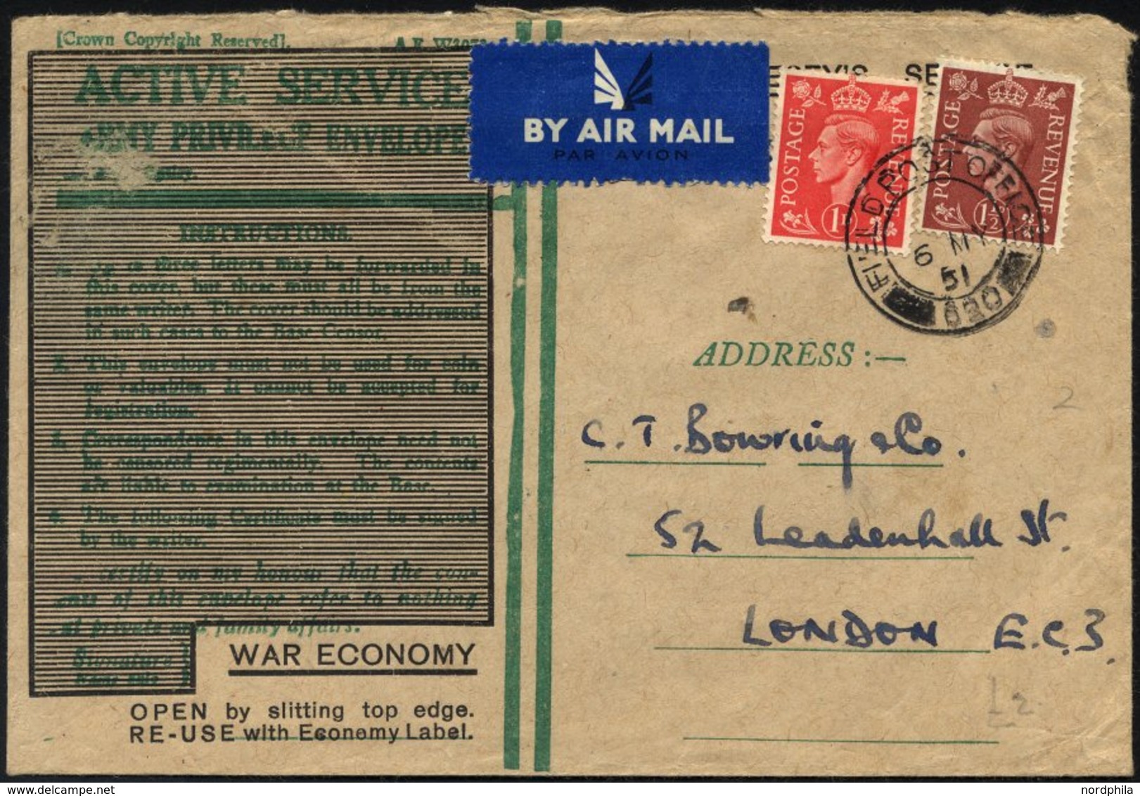 BRITISCHE MILITÄRPOST 222/3 BRIEF, 1951, 1 Und 11/2 P. König Georg VI Mit K2 FIELD POST OFFICE/630 Auf Feldpostbrief, Fe - Gebruikt