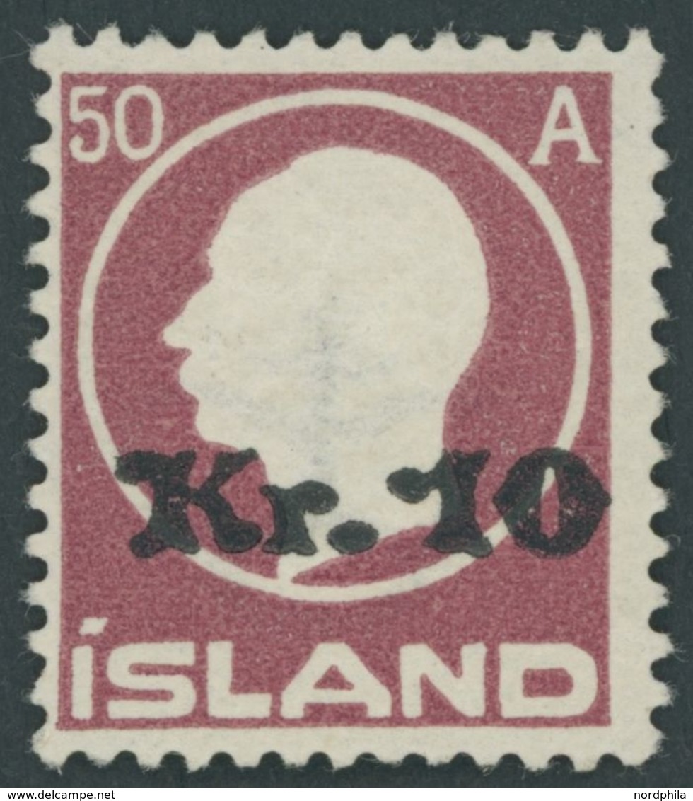 ISLAND 120 *, 1925, 10 Kr. Auf 50 A. Lilarot, Falzrest, Pracht - Sonstige & Ohne Zuordnung