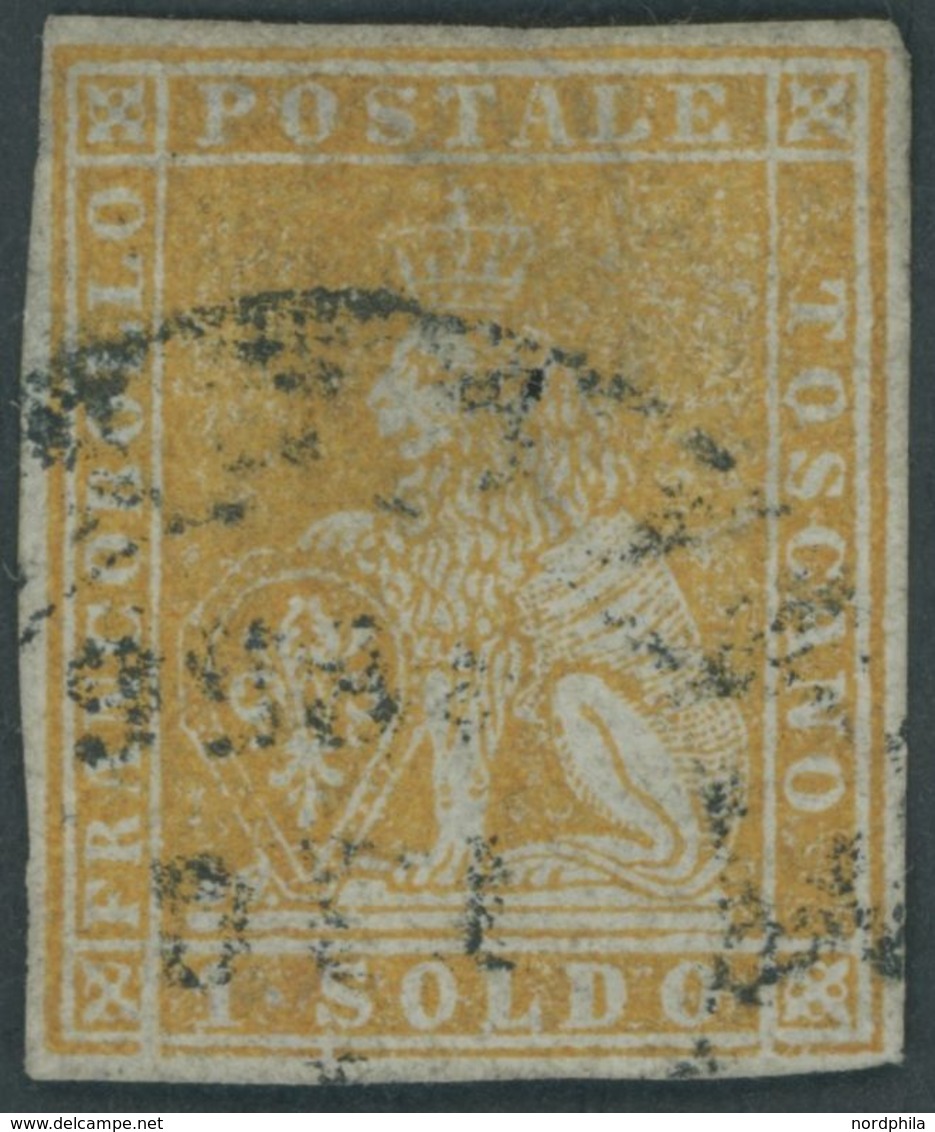 TOSCANA 2y O, 1853, 1 So. Gelb, Graublaues Papier, Allseits Breitrandig!, Nadelstich Und Kleine Kerbe Im Oberrand, Feins - Toscana