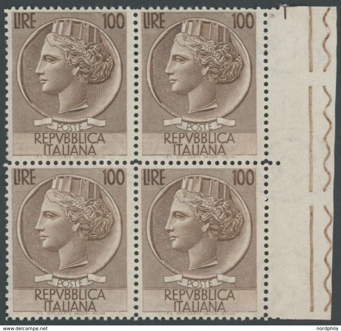 ITALIEN 920A VB **, 1954, 100 L. Braun, Wz. 3, Gezähnt L 131/4, Im Randviererblock, Postfrisch, Pracht, Mi. 800.- - Oblitérés