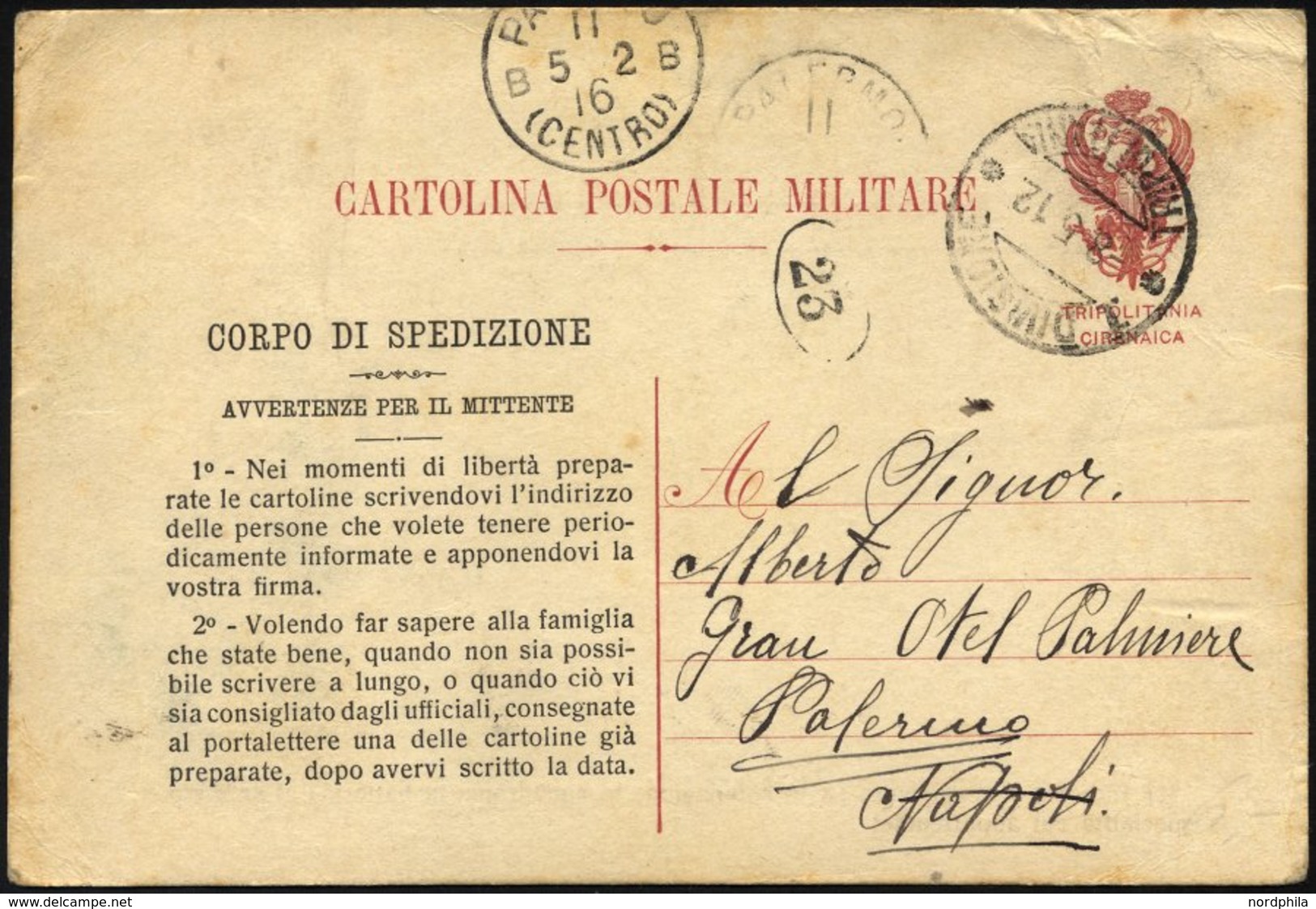 MILITÄRPOST 1912, Feldpoststempel DIVISIONE TRIPOLITANIA Auf Seltener Feldpost-Vordruckkarte (Vordruck Zu Deutsch: Es Ge - Rode Kruis