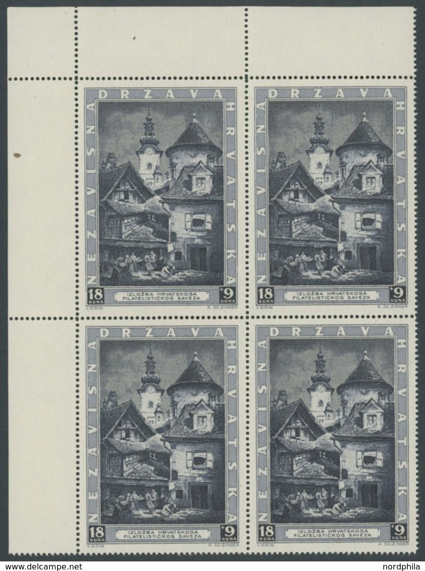 KROATIEN 115,117 VB **, 1943, 18 K. Briefmarkenausstellung, Ohne Und Mit Aufdruck, Je Im Eckrandviererblock, Postfrisch, - Kroatien
