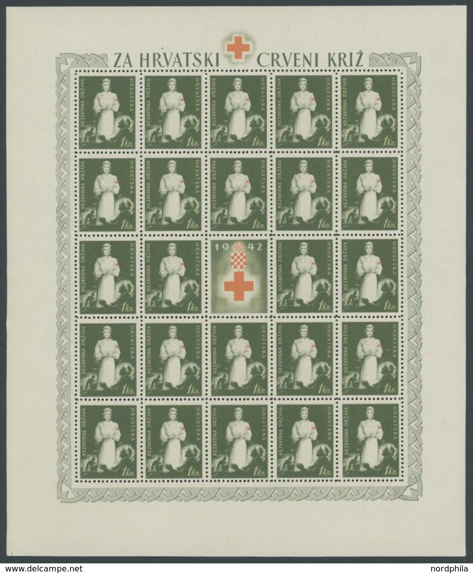 KROATIEN Z 1 **, Zwangszuschlagsmarken: 1942, 1 K. Rotes Kreuz Im Bogen (24) Mit Zierfeldern, Postfrisch, Pracht - Croatie