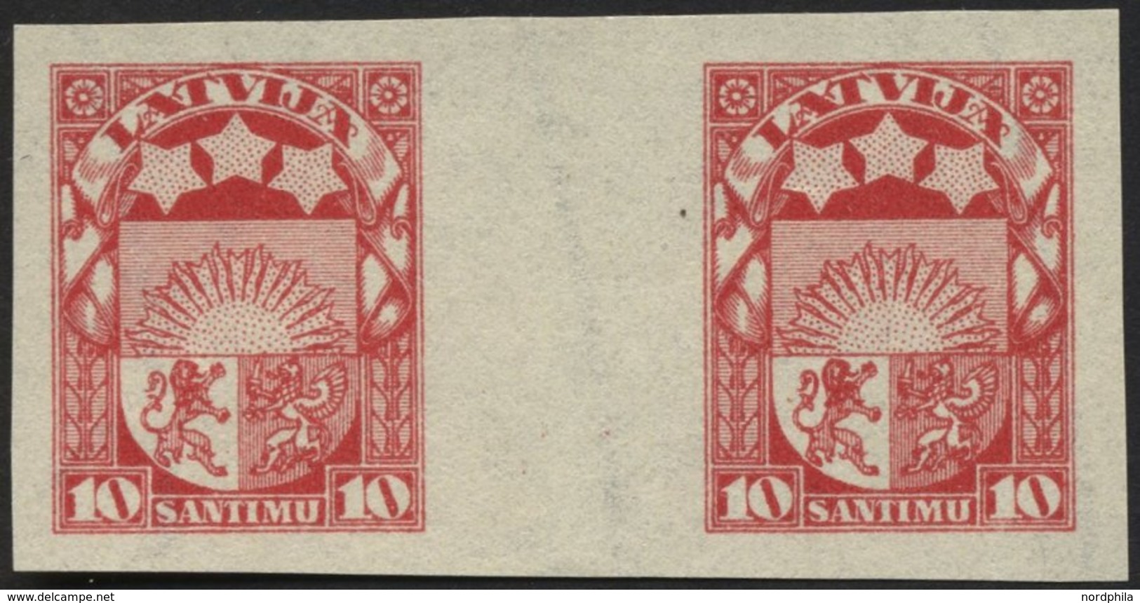 LETTLAND 93UZW (*), 1923, 10 S. Karmin, Ungezähnt Im Zwischenstegpaar, Ohne Gummi, Pracht - Letland