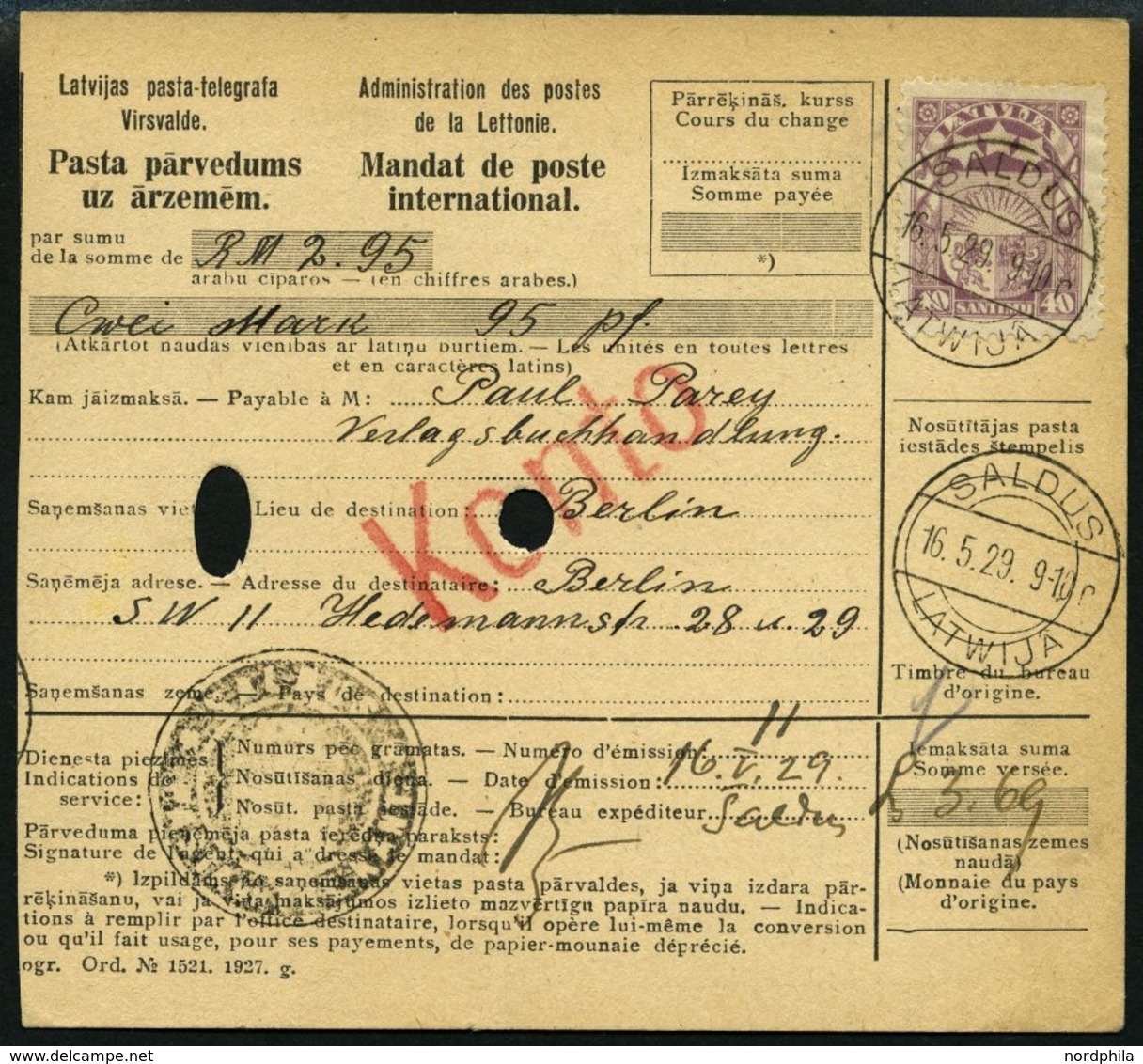 LETTLAND 96 BRIEF, 1929, 40 S. Lila, Einzelfrankatur Auf Internationaler Geldanweisung Aus SALDUS, Pracht - Letonia