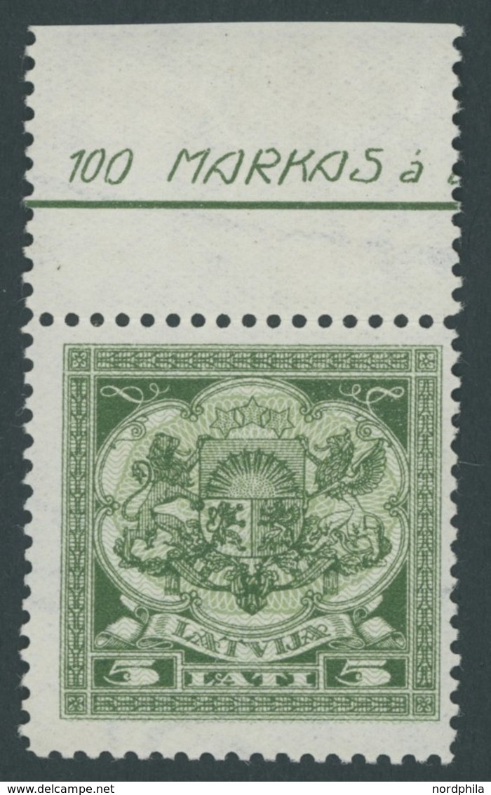 LETTLAND 112 **, 1926, 5 L. Grün, Oberrandstück, Mit Teilen Des Fabrik-Wz.!, Postfrisch, Pracht - Latvia