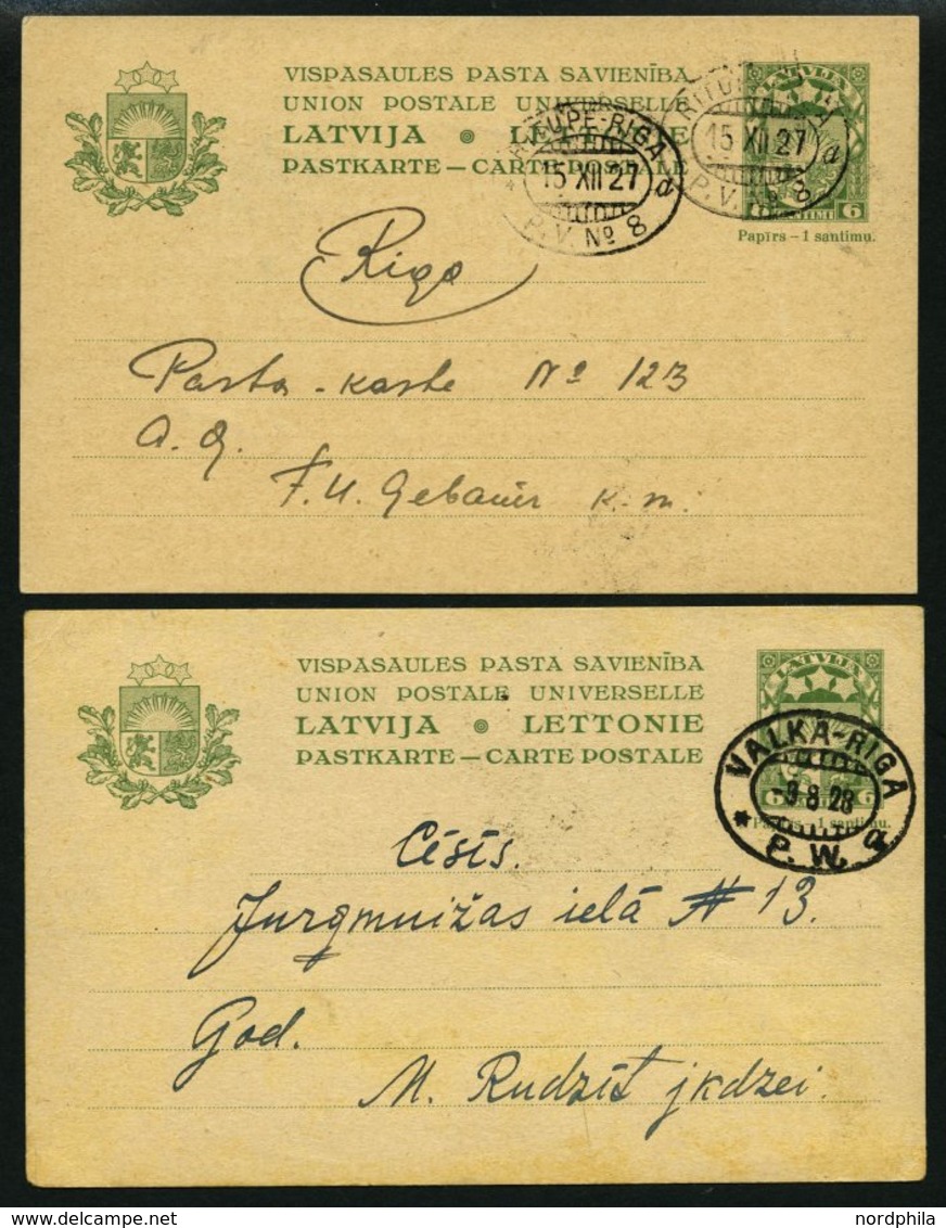 LETTLAND P 3 BRIEF, 1927/8, 6 S. Grün, 2 Karten Mit Bahnpoststempeln VALKA-RIGA Und RITUPE-RIGA, Pracht - Lettonie