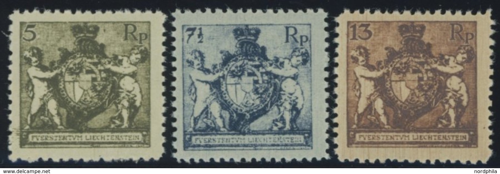 LIECHTENSTEIN 48/9,51B **, 1921, 5, 71/2 Und 13 Rp. Landeswappen, Gezähnt L 121/2, Postfrisch, 3 Prachtwerte, Mi. 115.- - Andere & Zonder Classificatie