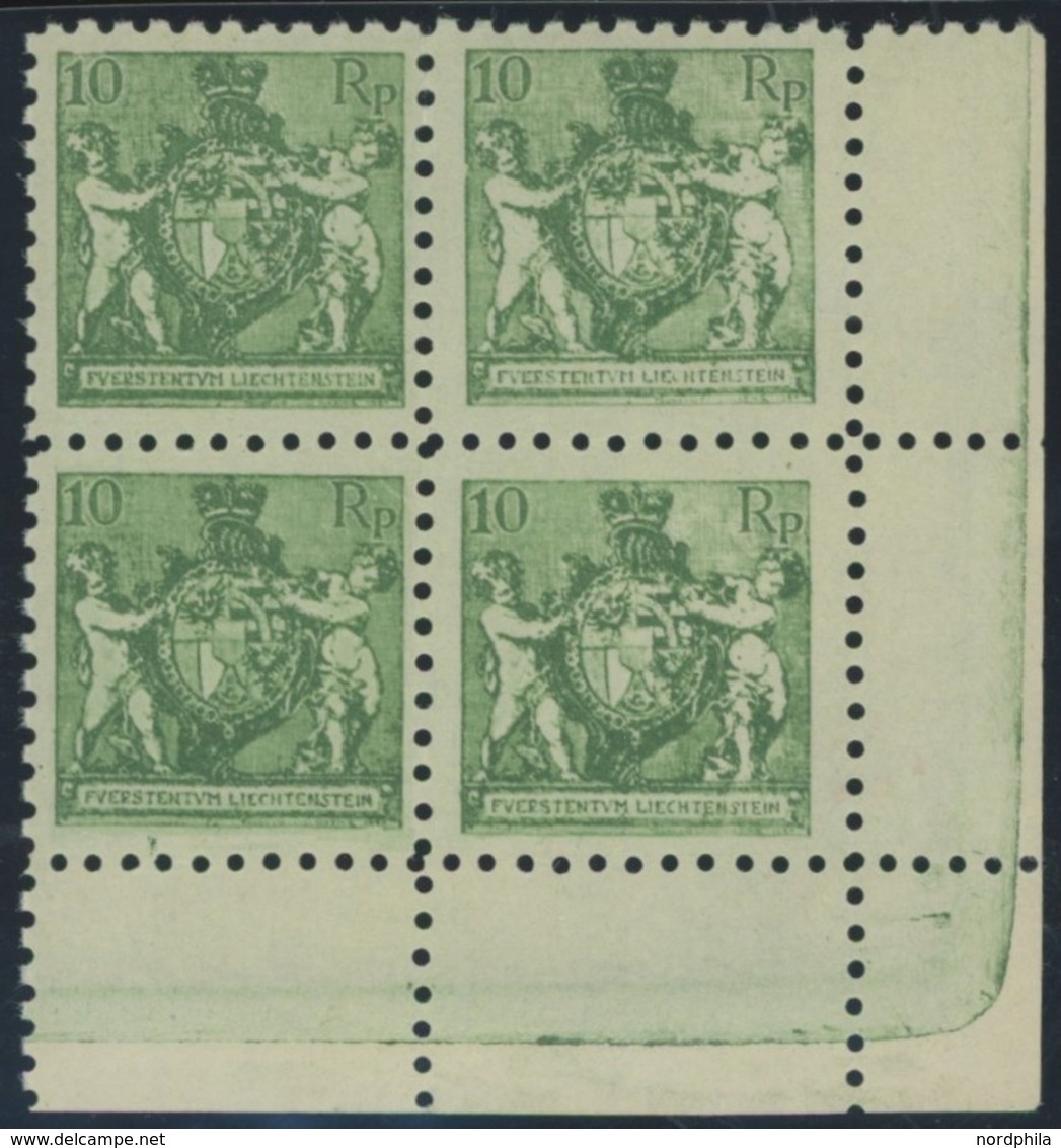 LIECHTENSTEIN 50A VB **, 1921, 10 Rp. Dunkelgelblichgrün, Gezähnt L 91/2, Im Viererblock Aus Der Unteren Rechten Bogenec - Altri & Non Classificati