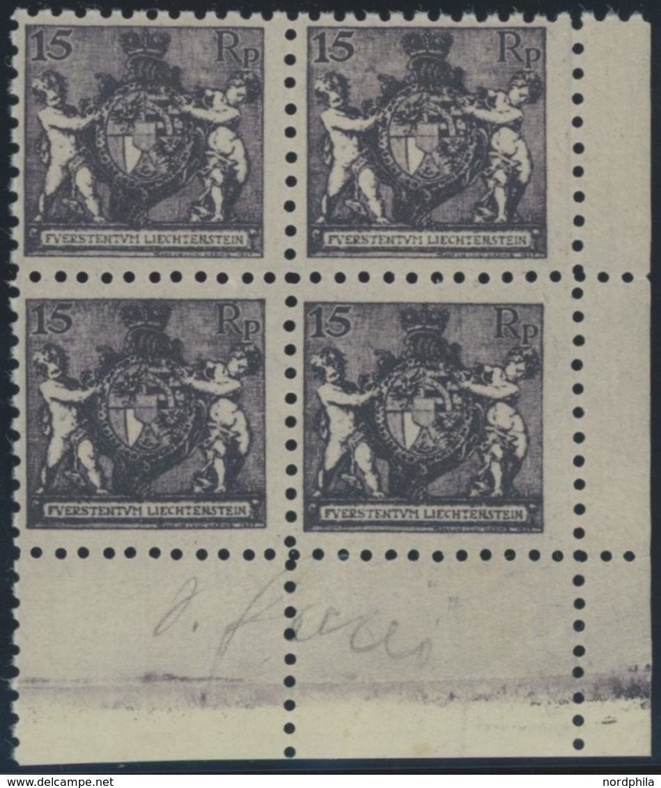 LIECHTENSTEIN 52A VB **, 1921, 15 Rp. Schwarzgrauviolett, Gezähnt L 91/2, Im Viererblock Aus Der Rechten Unteren Bogenec - Andere & Zonder Classificatie